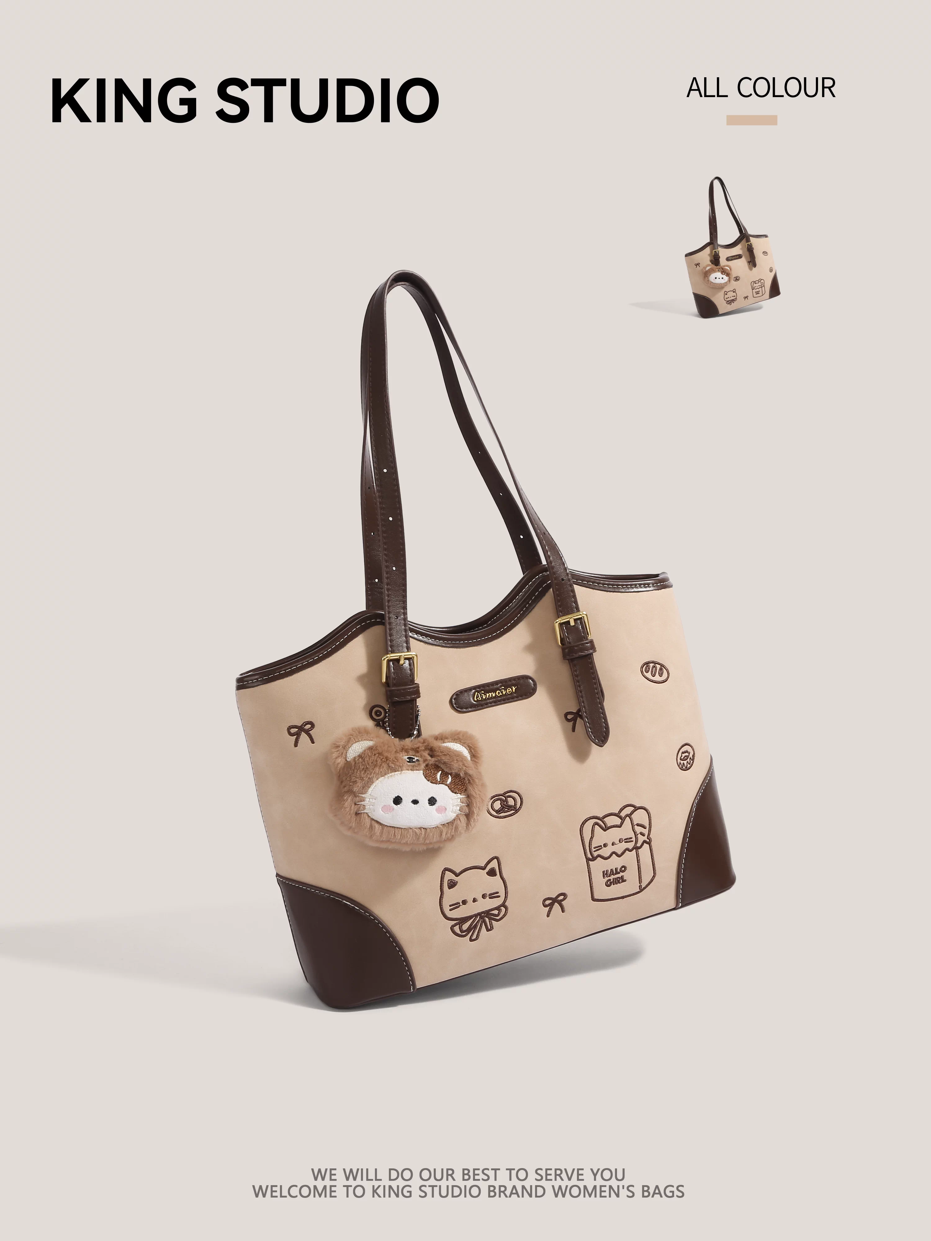 Túi tote hình mèo con dễ thương dành cho nữ, mẫu mới thu đông 2025, hoạt hình đa năng, túi đeo vai, dung tích lớn, túi đi làm