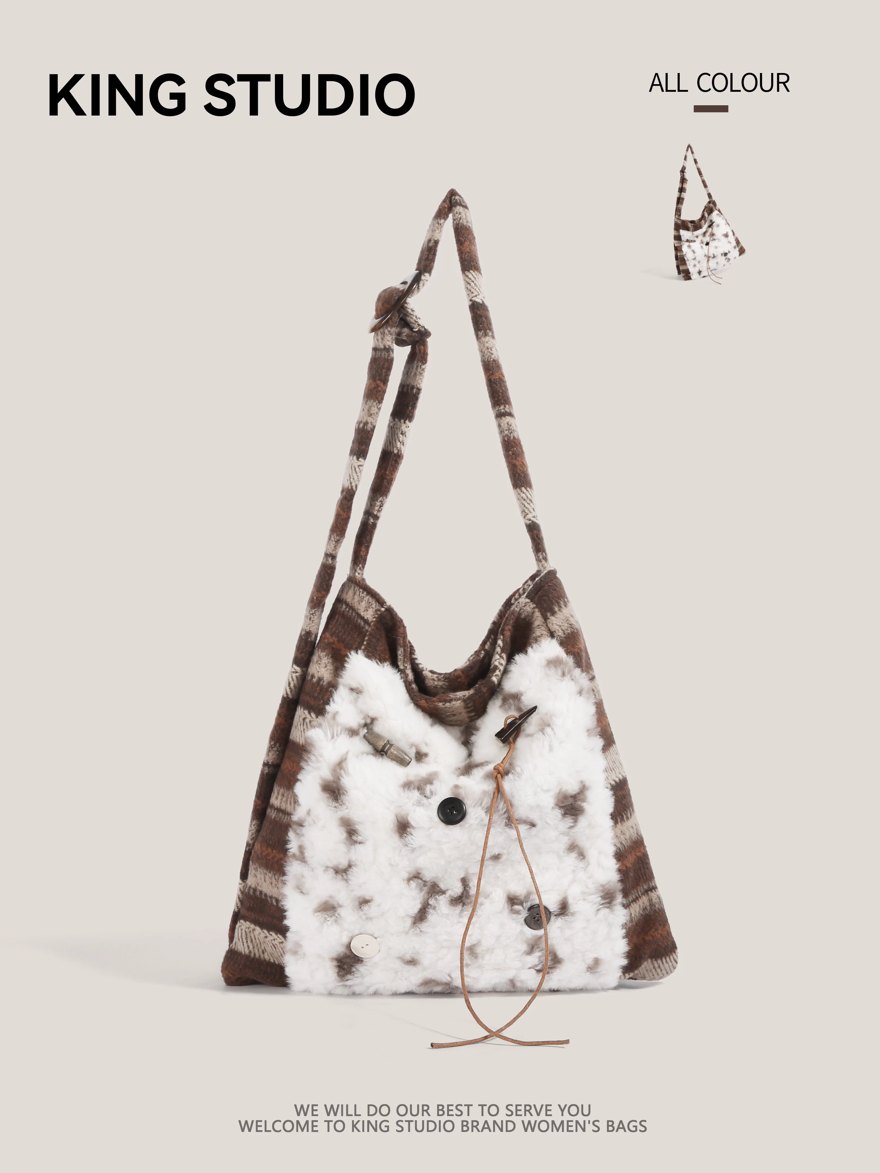 Túi lông mềm cỡ lớn Công chúa du mục dành cho nữ 2026 Mẫu mới thời thượng phong cách retro phối màu độc đáo túi đeo vai chéo đi làm