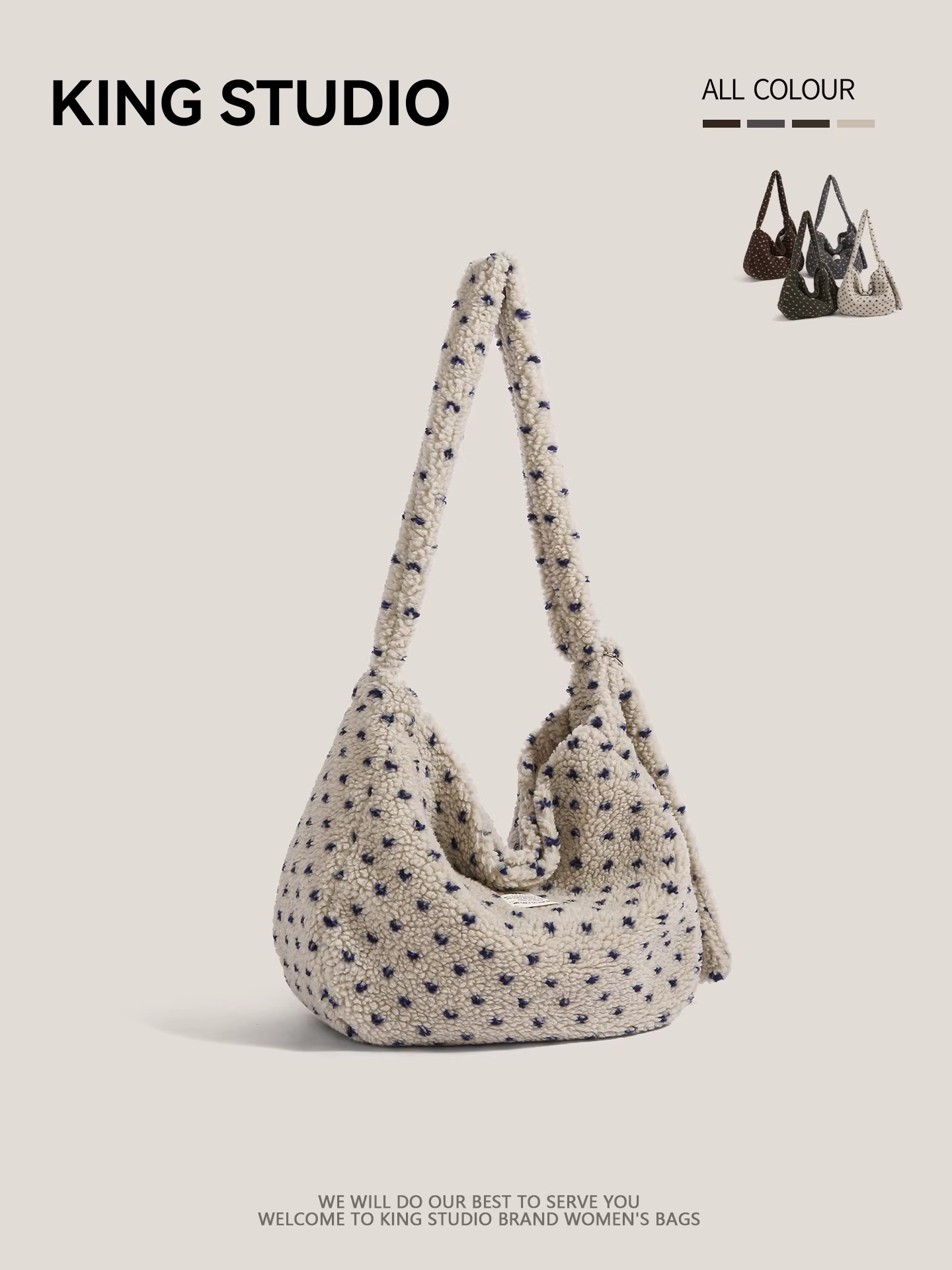 Túi xách len cừu chấm bi phong cách Hàn Quốc dành cho nữ, mẫu mới thu đông 2025, túi đeo chéo lông mềm mại, đa năng, kiểu retro, túi đi làm