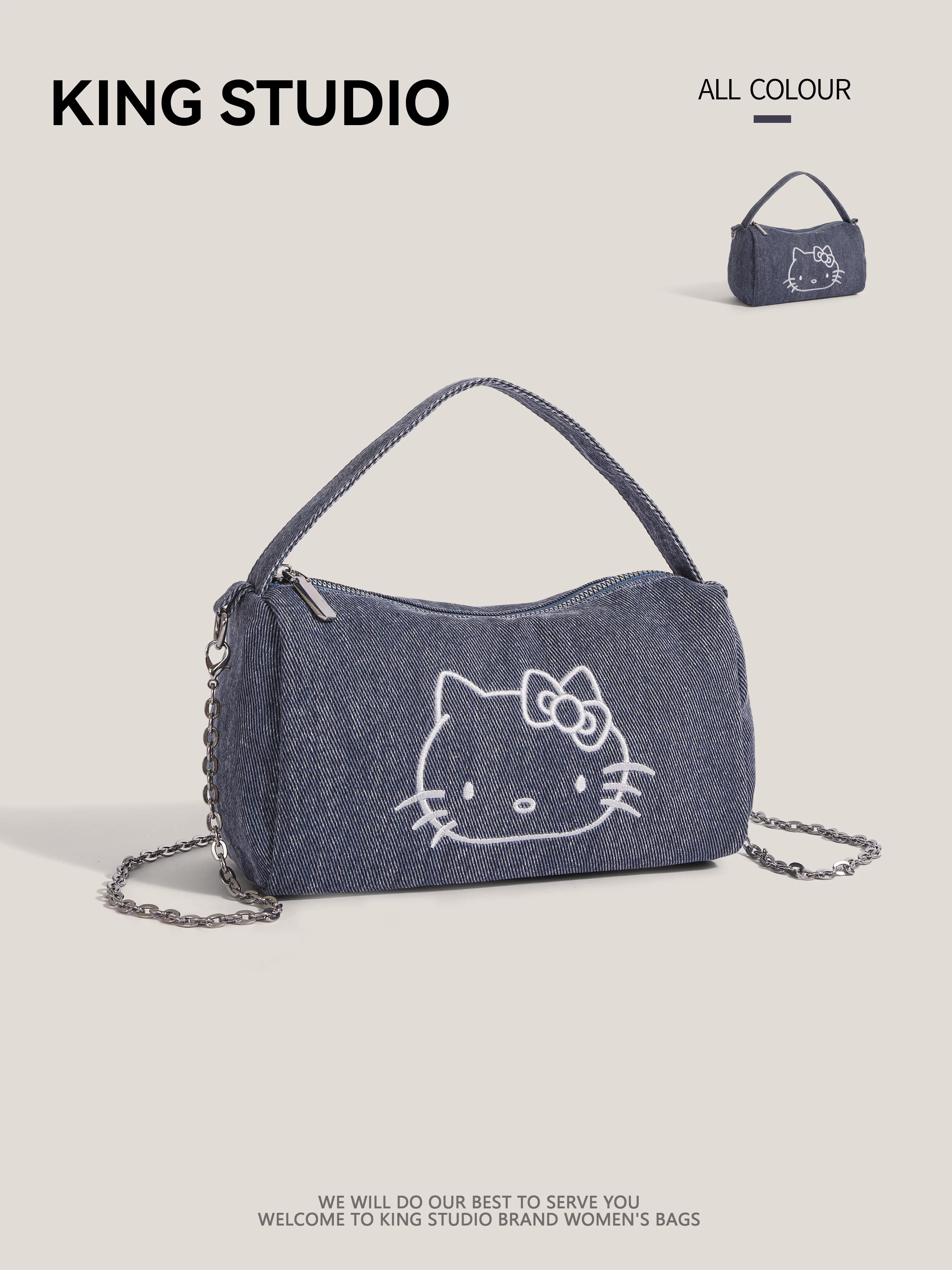 Túi denim Hello Kitty dành cho nữ, túi xách đeo chéo hình Hello Kitty hoạt hình dễ thương, túi đeo vai