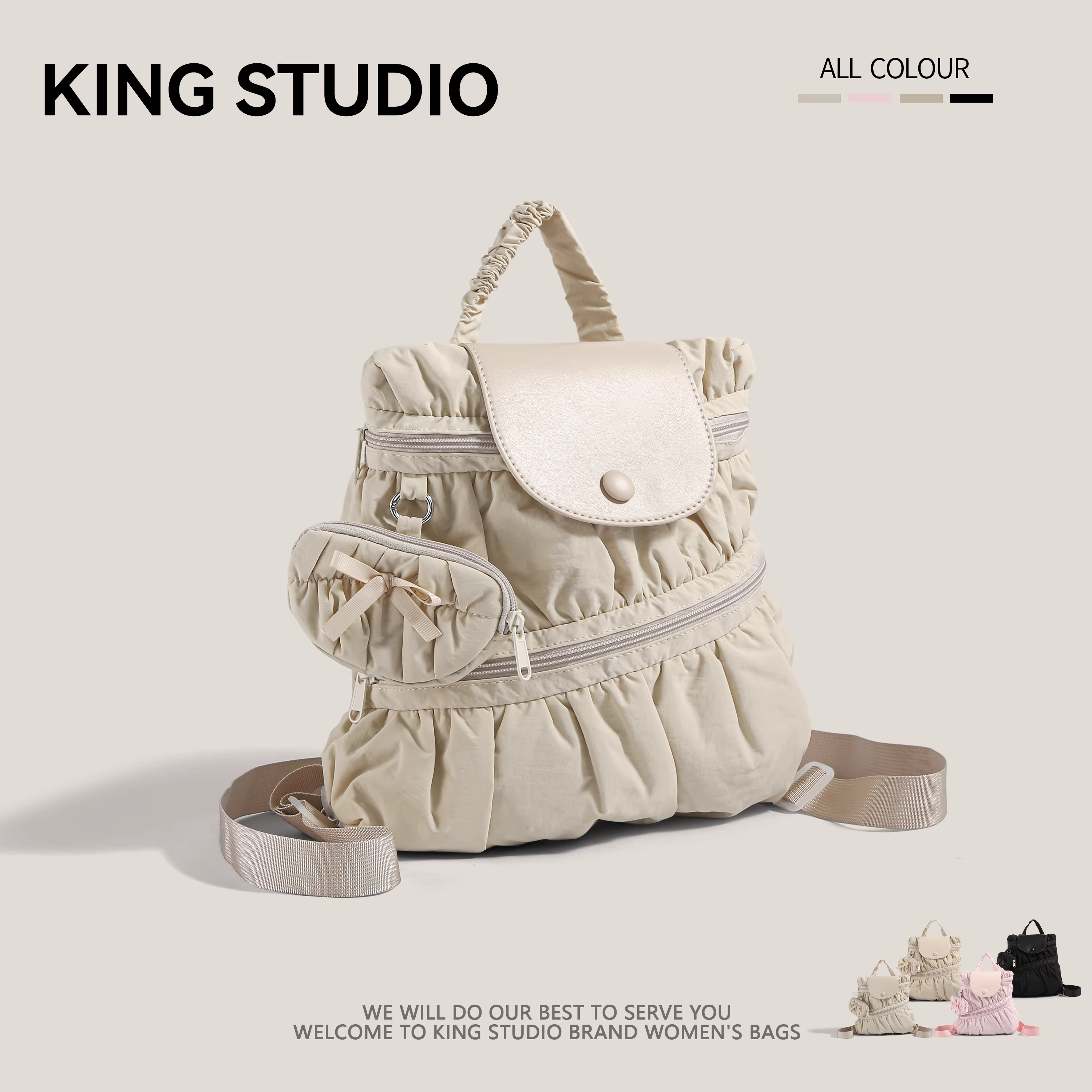 Ba lô nữ phong cách Hàn Quốc 2025, thời trang mới, chất liệu nylon canvas xếp ly, túi xách đeo vai cá tính