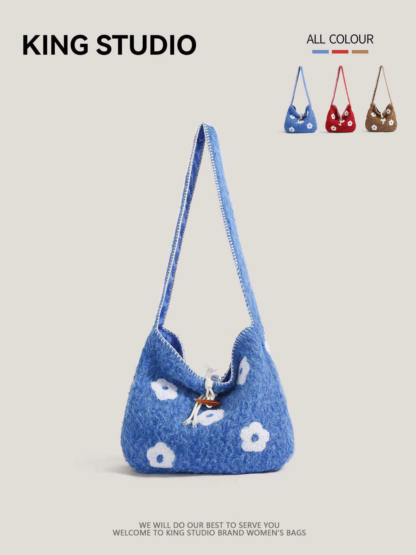 Túi vải dệt kim họa tiết hoa màu xanh lam phong cách lười biếng kiểu Hàn Quốc dành cho nữ, túi đeo vai dưới cánh tay sức chứa lớn, túi đeo chéo đi làm và đi chơi