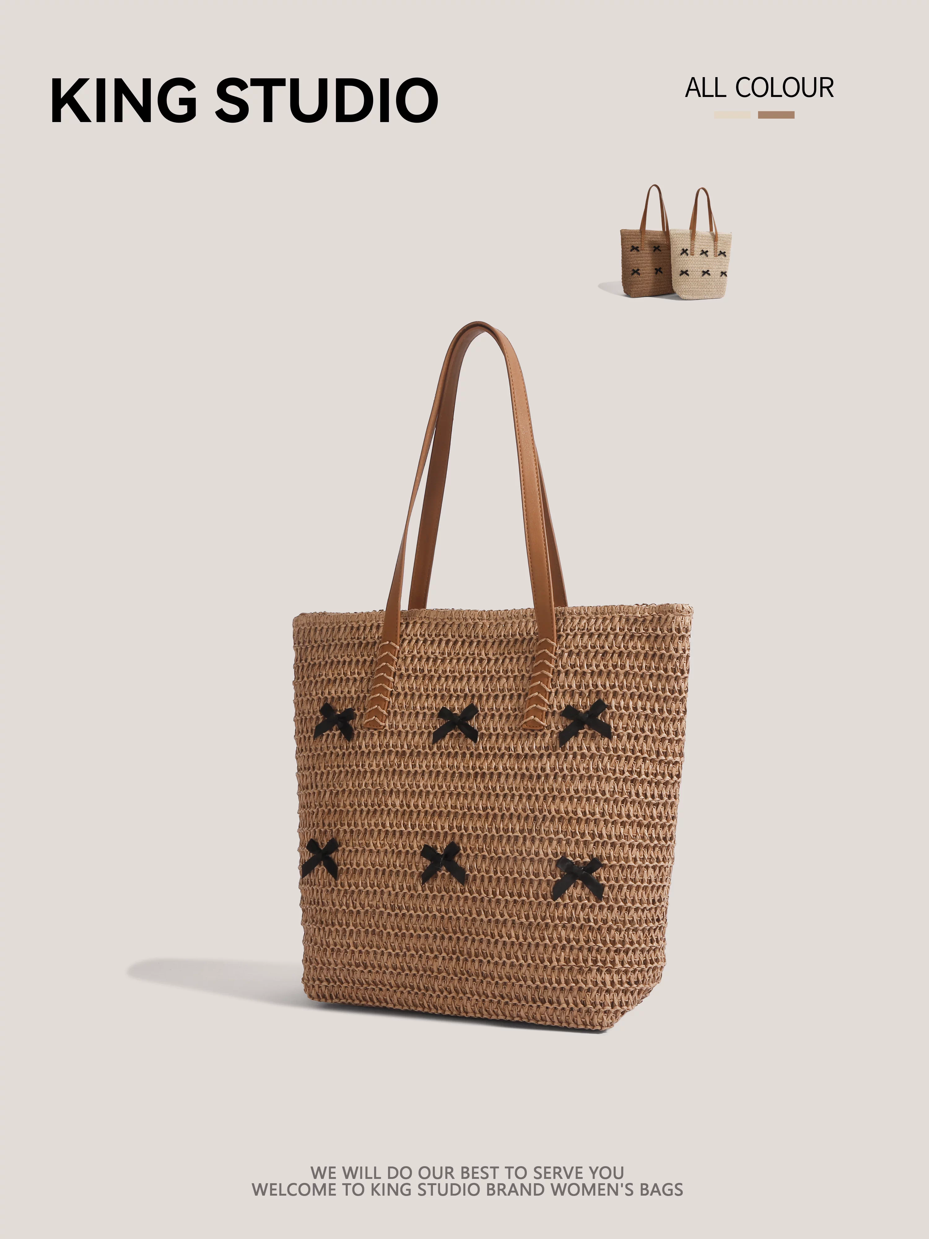 Túi cói thắt nơ dành cho nữ, mẫu mới hè 2025, phong cách nghỉ dưỡng, túi tote cỡ lớn, kiểu retro