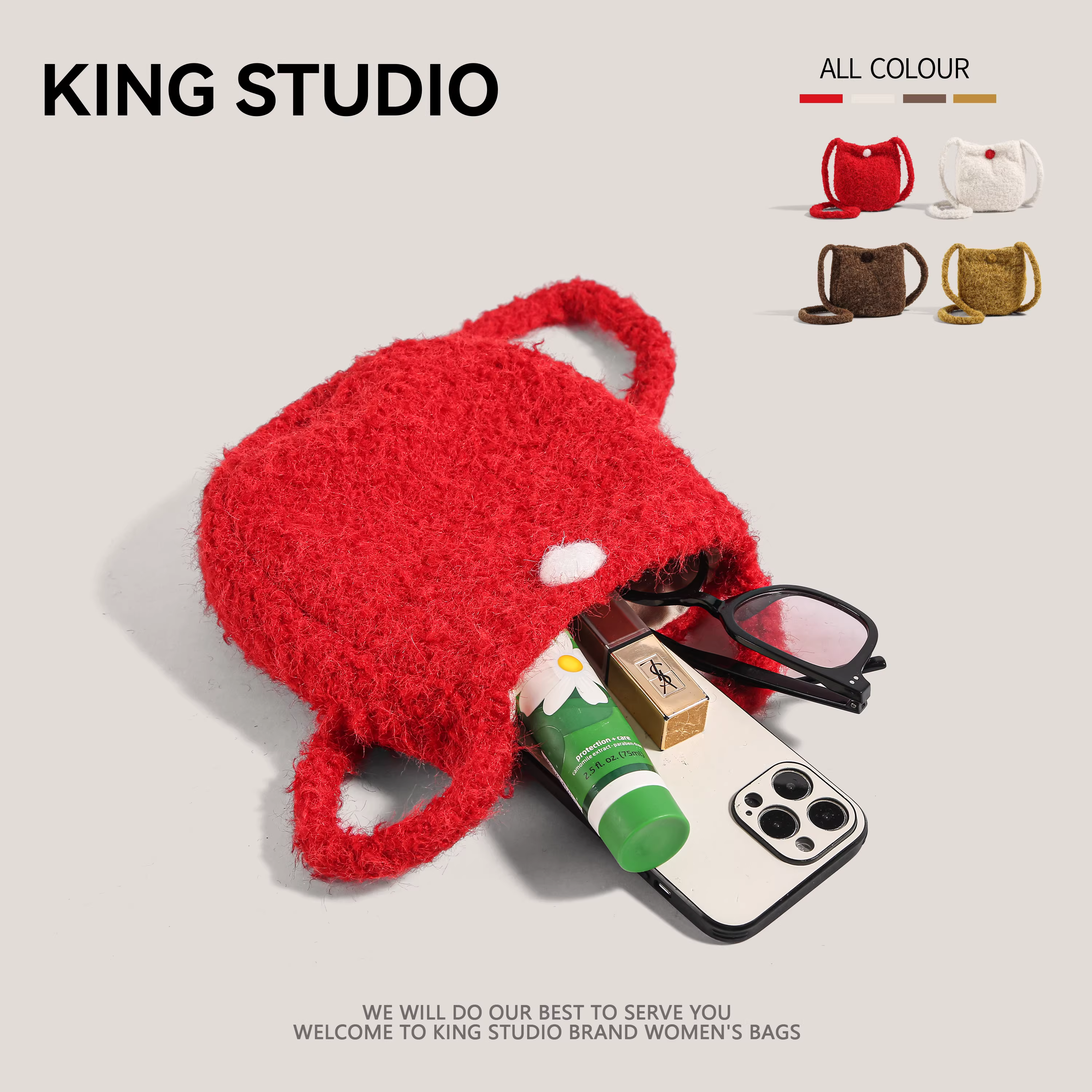 Túi xách len mùa thu đông dành cho nữ kiểu mới 2025, đeo vai, đeo chéo, túi điện thoại lông nhung đỏ Tết