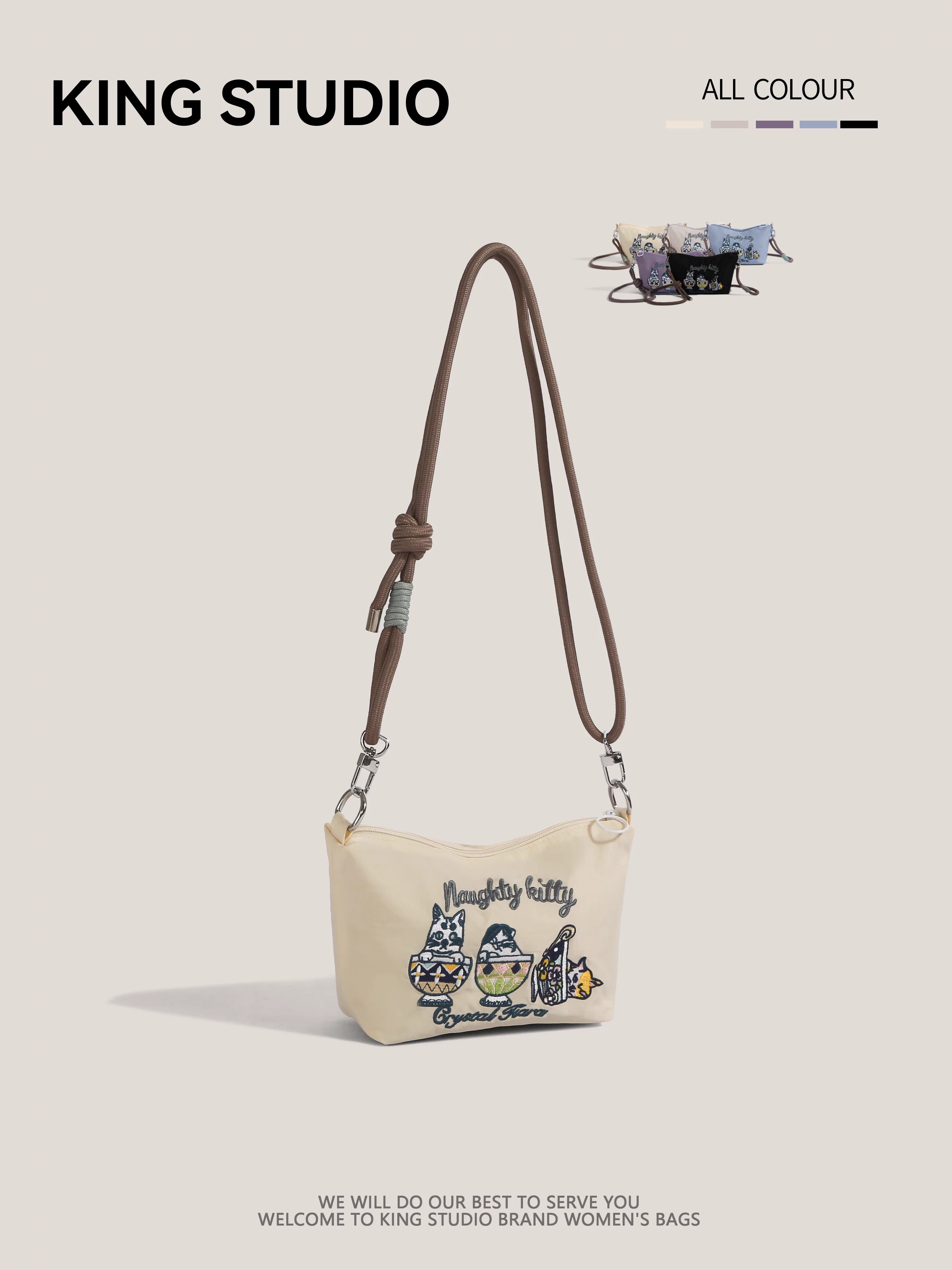 Túi mua sắm thân thiện với môi trường thêu hình mèo uống trà kiểu Nhật, túi đựng điện thoại mini, túi đeo vai đa năng, túi đeo chéo