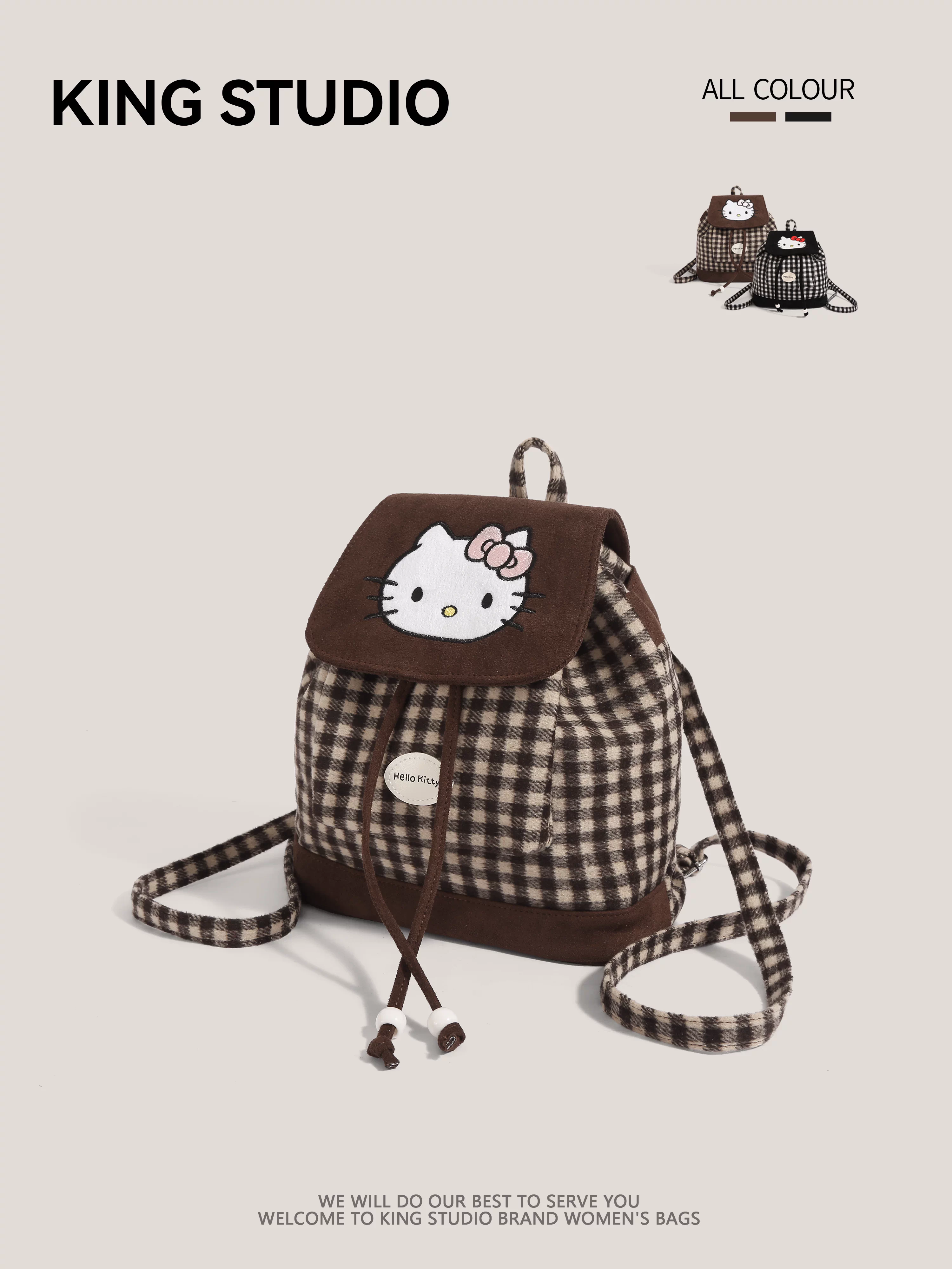 Ba lô Hello Kitty kẻ caro dễ thương dành cho nữ, mẫu mới 2025, thời trang hoạt hình Kitty, đa năng, dùng đi làm