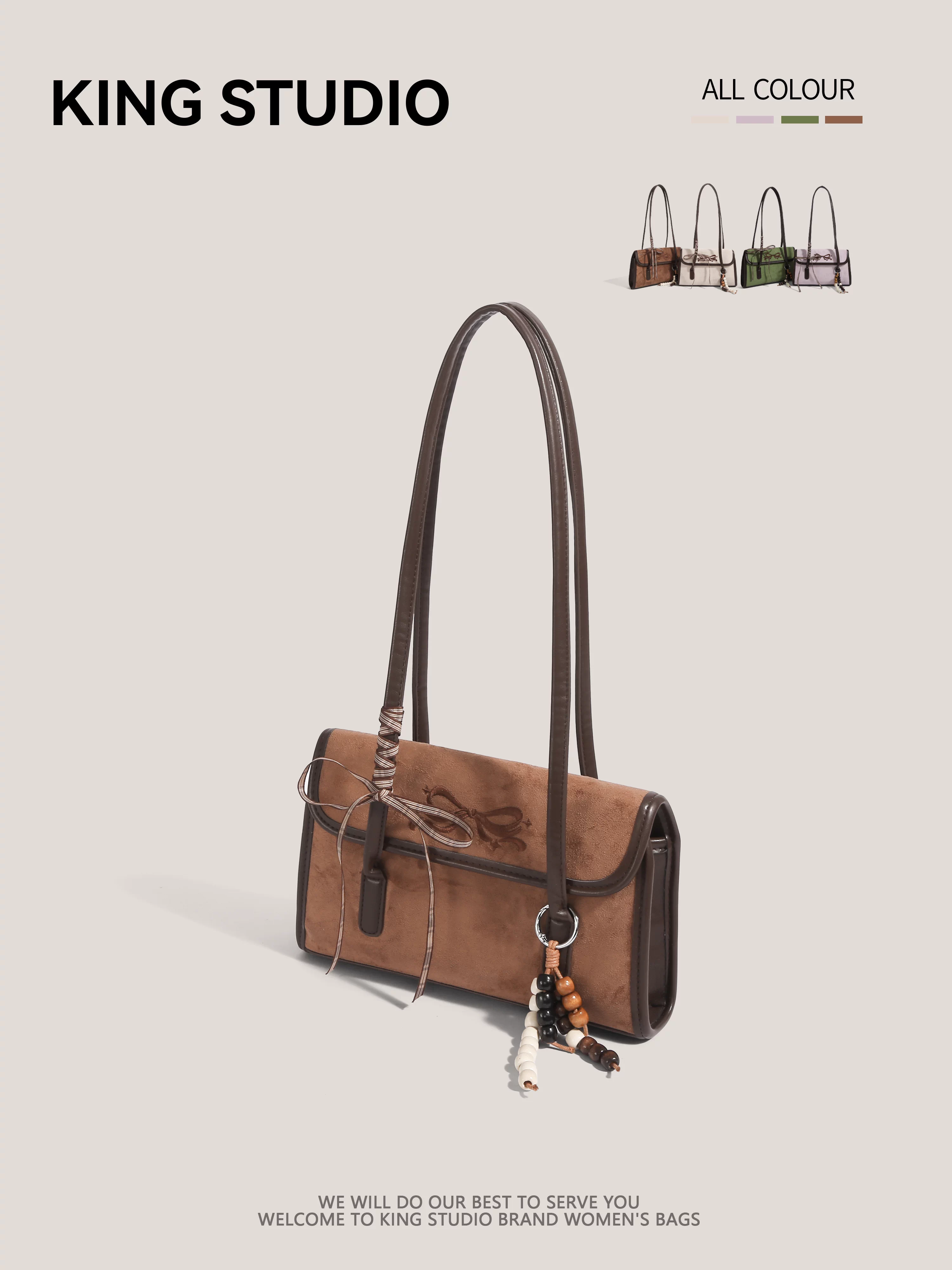 Túi xách da lộn Maillard cỡ lớn dành cho nữ, kiểu mới thu đông 2025, nơ retro, chất liệu mờ, đeo vai/nách