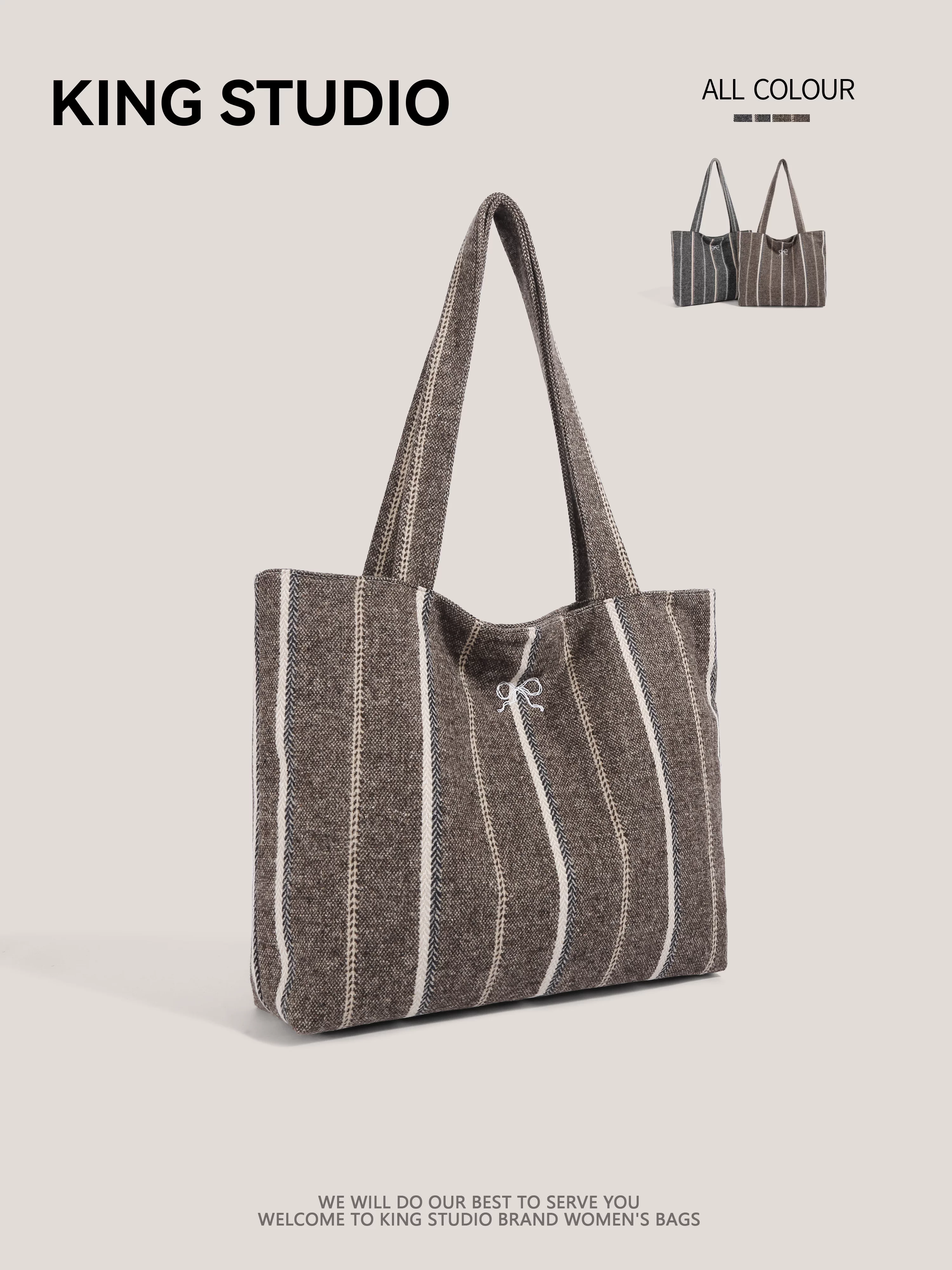 Túi tote sọc retro dành cho nữ 2026, mẫu mới thời thượng, dung tích lớn, túi xách vải bố đi làm, túi đeo vai tiện dụng cho các buổi dã ngoại