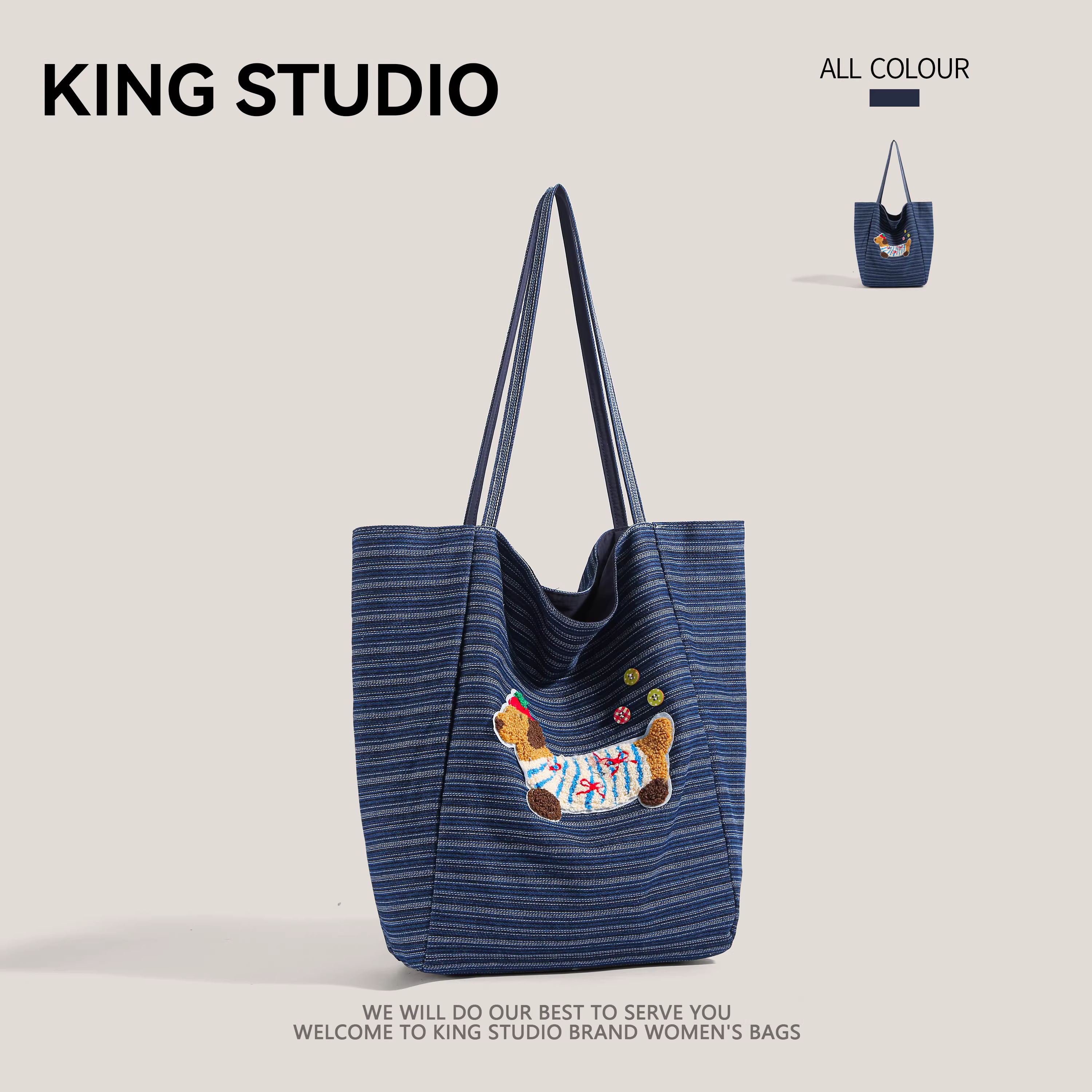 Túi đeo vai chó Dachshund sọc dành cho nữ Thu/Đông 2025 Mẫu mới thời thượng Túi tote học sinh cá tính Túi vải bố đa năng dung tích lớn