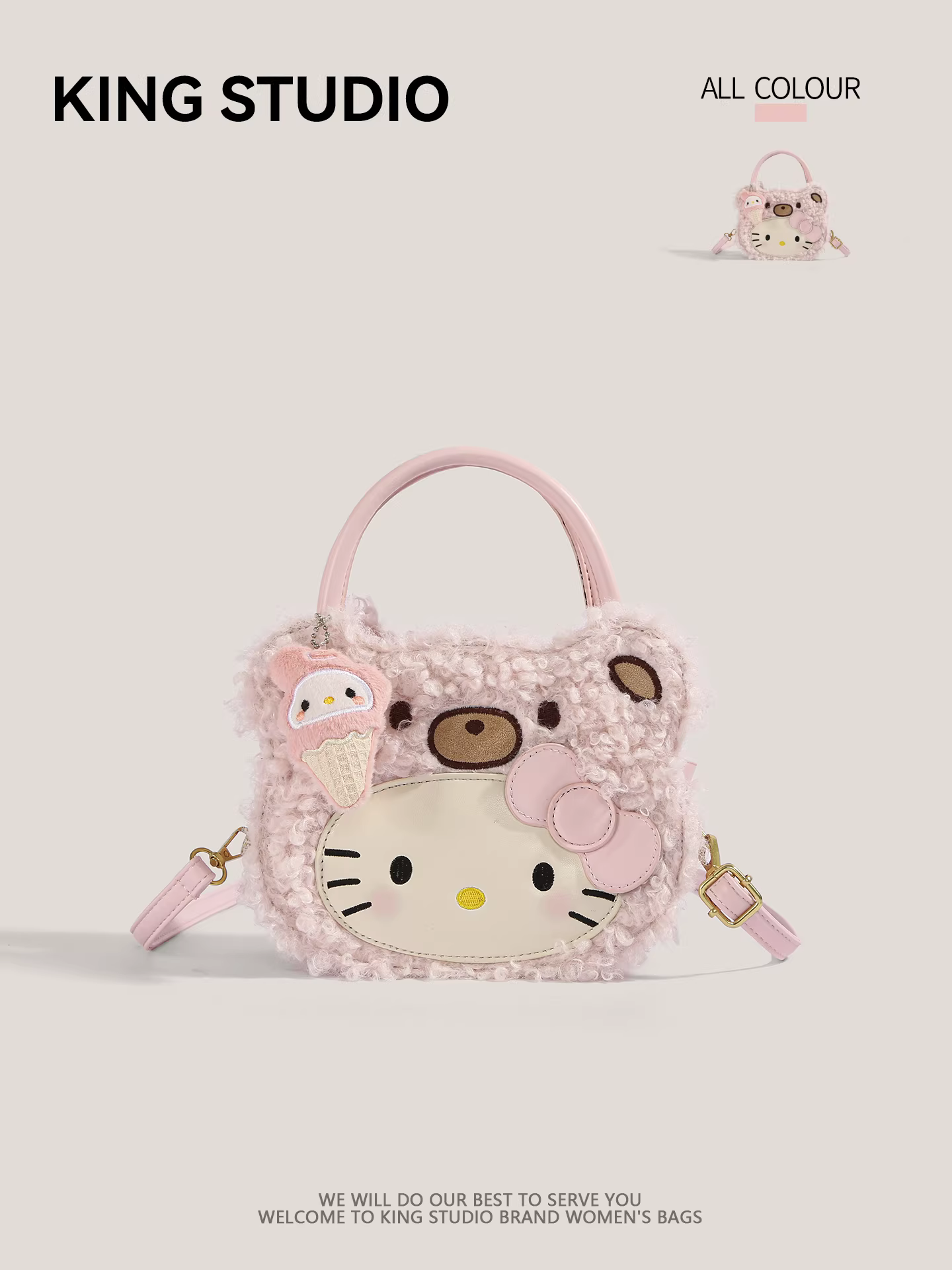 Túi xách lông thú mèo Hello Kitty màu hồng dễ thương dành cho nữ, mẫu mới 2026, hoạt hình, đa năng, đeo vai, đeo chéo