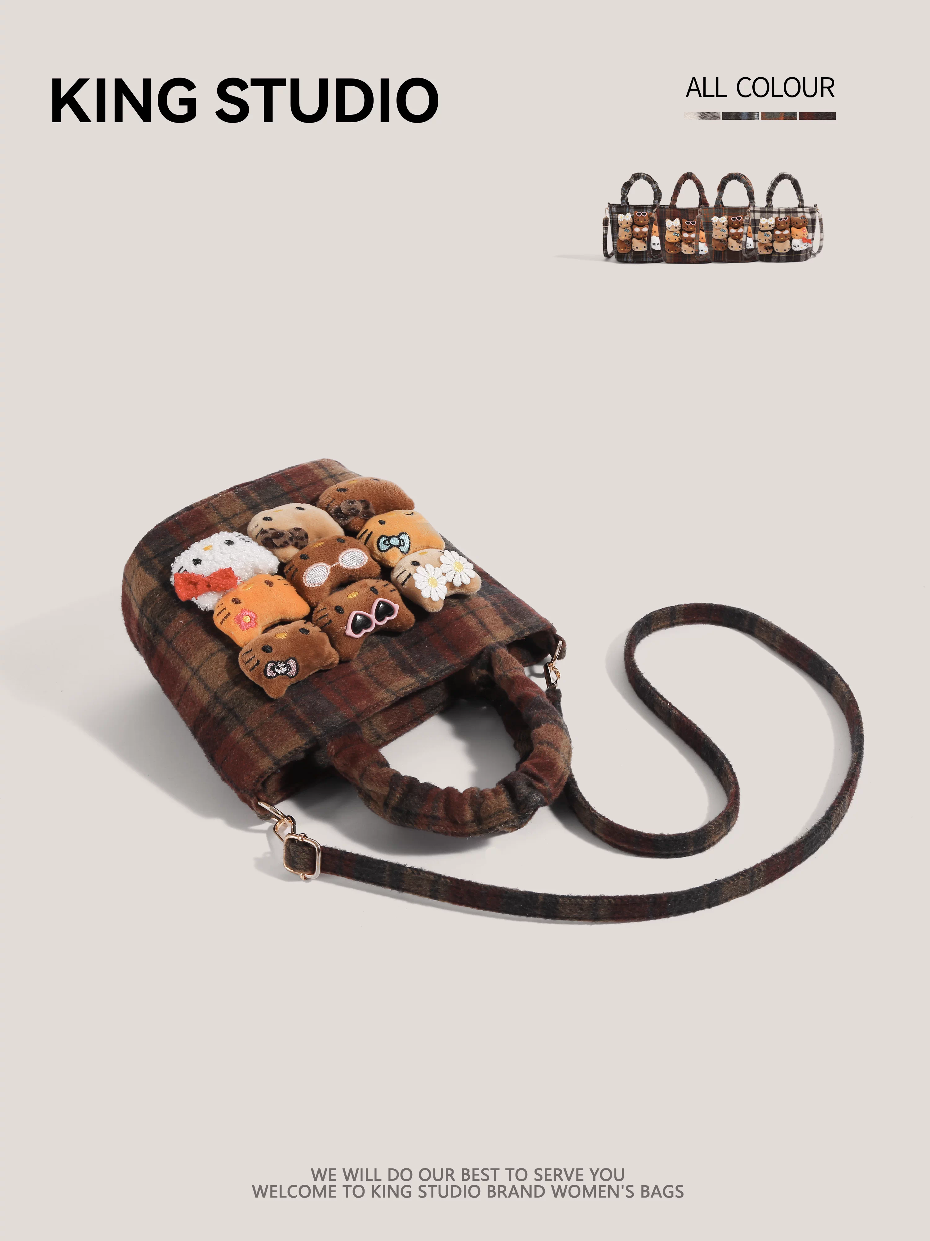 Túi xách len Hello Kitty dễ thương dành cho nữ, mẫu mới 2026, kiểu kẻ caro retro đa năng, đeo vai, đeo chéo