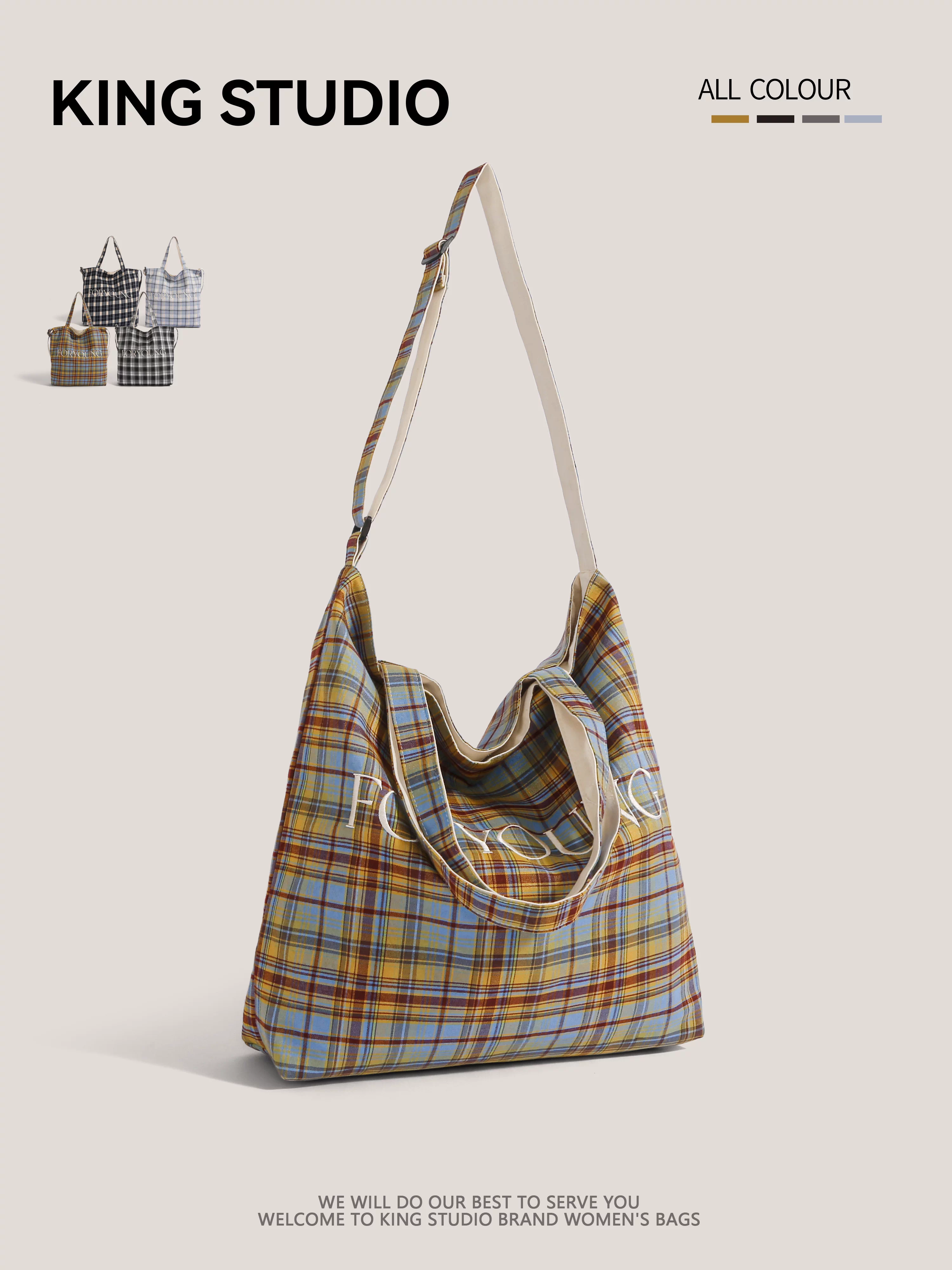 Túi vải bố sọc kẻ dành cho nữ 2025 thời trang mới phong cách Hàn Quốc phong cách học sinh, túi tote in chữ, dung tích lớn, đeo chéo