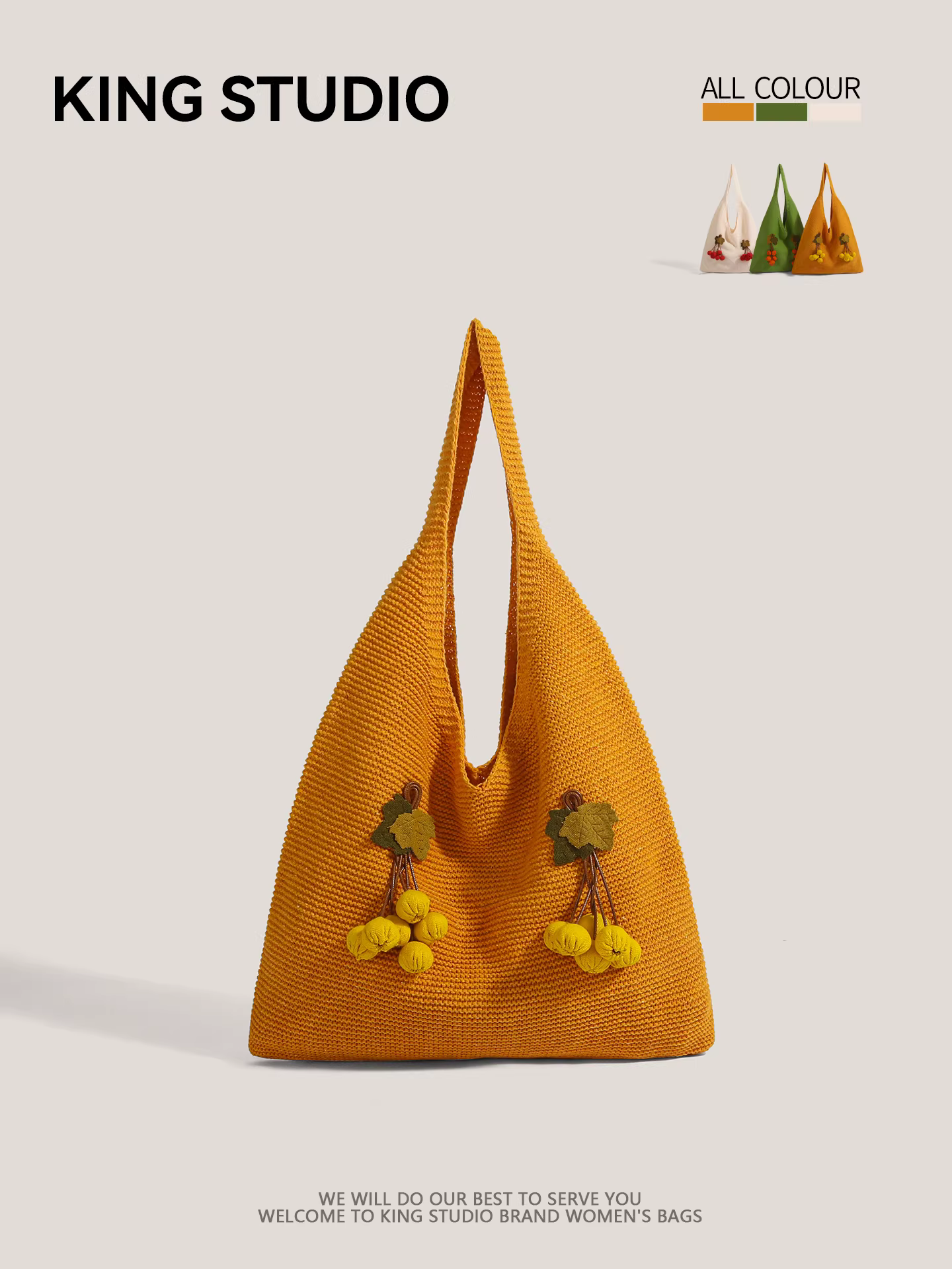 Túi len đan tay nữ thời trang mới 2025, kiểu dáng nghệ thuật, túi tote họa tiết cherry, dung tích lớn, túi mua sắm dệt