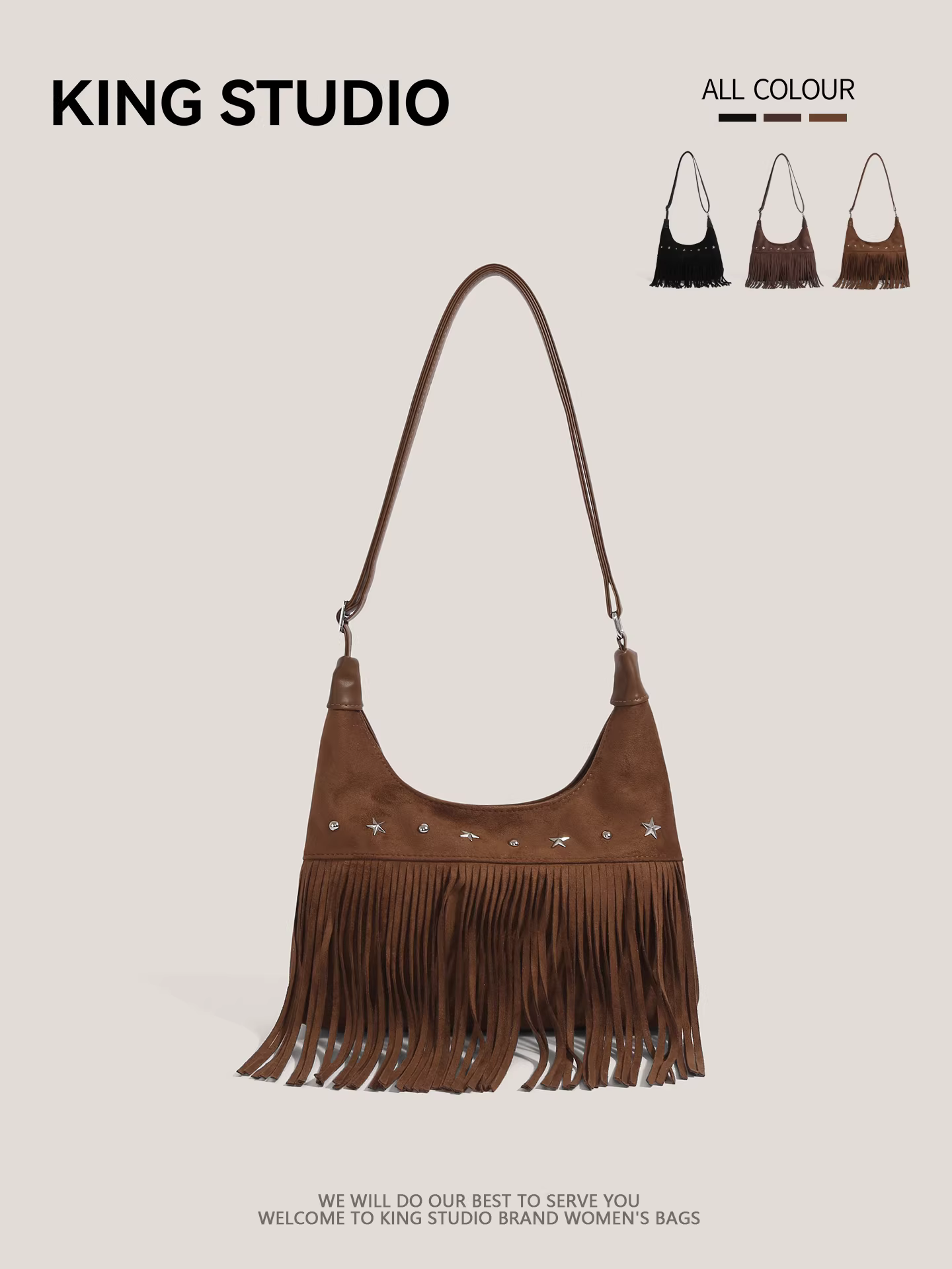 Túi xách da lộn mờ kiểu retro dành cho nữ, mẫu mới thu đông 2025, đa năng, đeo vai, đeo chéo, phong cách boho, có tua rua