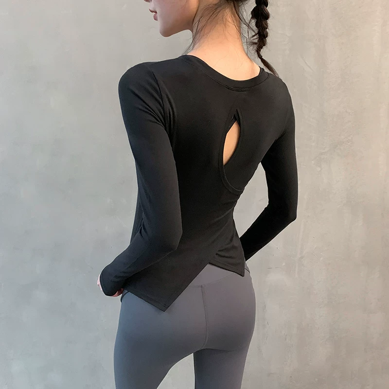 Áo tập yoga cho nữ, tay dài, lưng khoét, trang phục tập thể dục gợi cảm, áo thun thể thao bó sát, áo nhanh khô cho mùa hè.