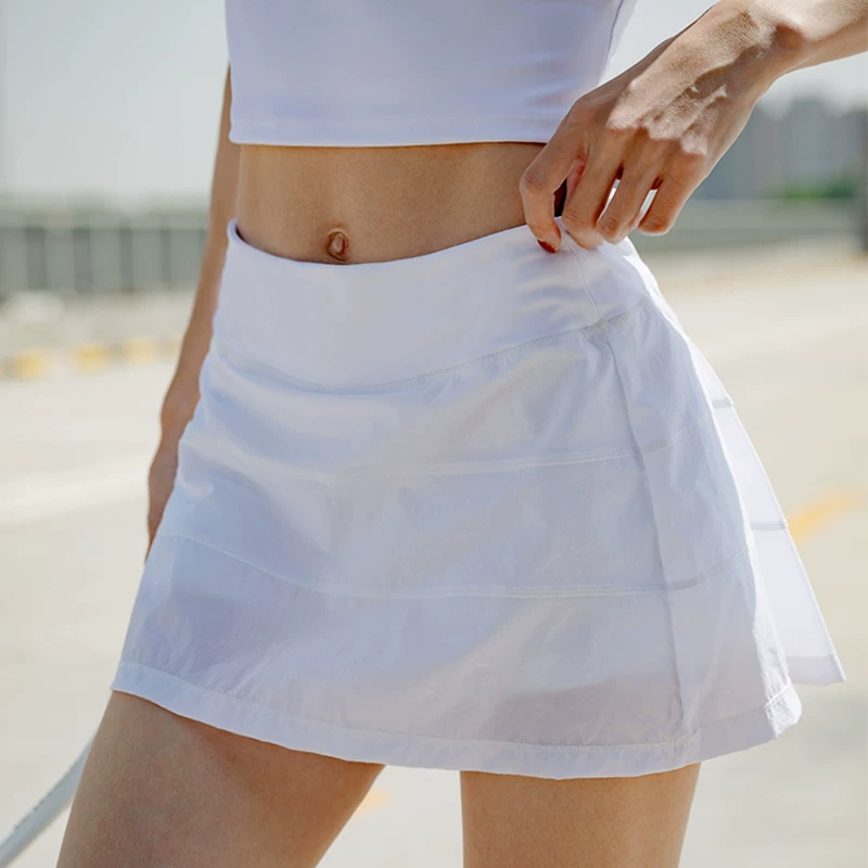 Quần short thể thao phong cách thương hiệu lớn dành cho nữ, cạp cao, thiết kế giả hai mảnh, chống lộ hàng, quần short tập thể dục, chạy bộ, yoga.