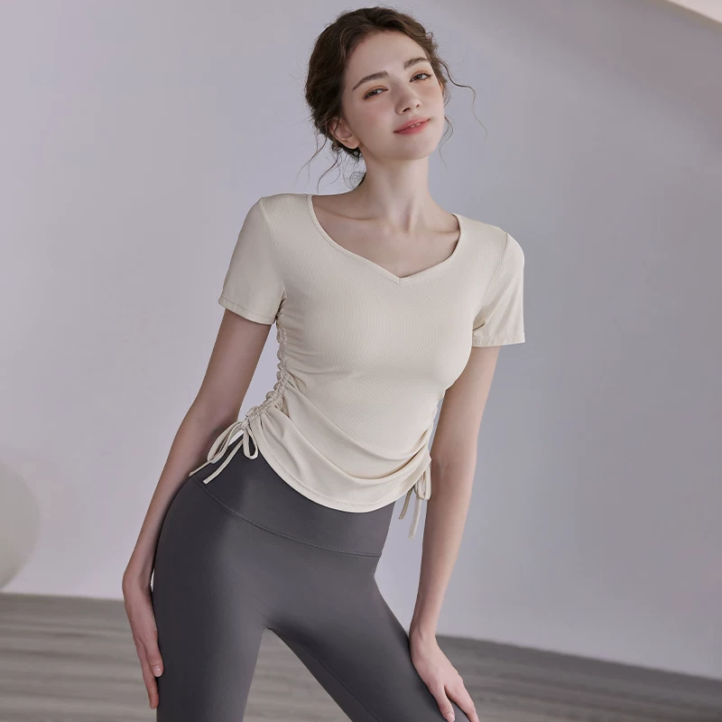 Áo tập yoga cho nữ, trang phục tập thể dục có dây rút mỏng, nhanh khô mùa hè, áo thun thể thao ngắn tay co giãn, ôm sát, giúp thon gọn.
