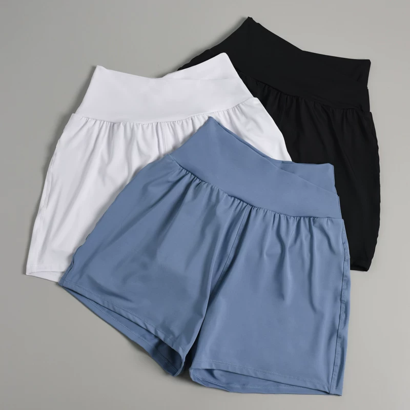 Quần short thể thao nữ dùng để chạy bộ, nhanh khô, chống lộ, quần tập gym, cạp cao, dáng rộng, giúp thon gọn, thích hợp mặc ngoài trời, quần short tập yoga cho mùa hè.