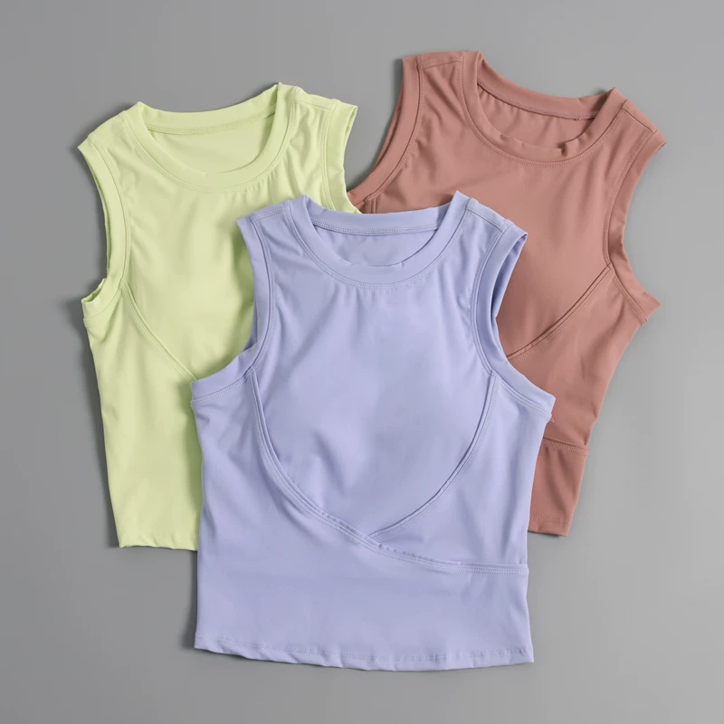 Quần áo tập yoga cho nữ, áo vest thể thao không tay, đồ lót bó sát nhanh khô, đồ tập thể dục, áo chạy bộ tay ngắn có đệm ngực