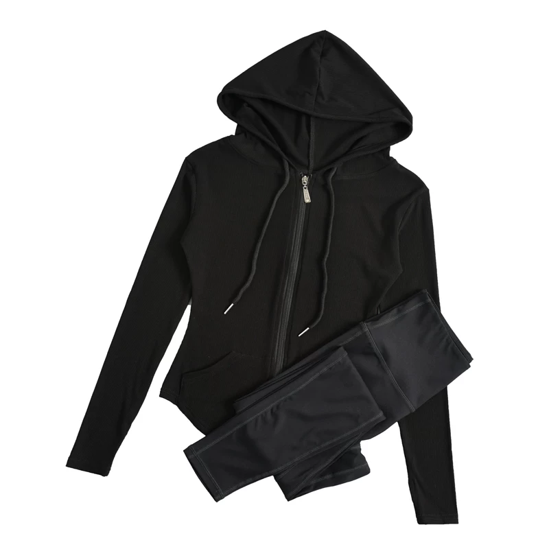 Áo khoác thể thao nữ, kiểu dáng mới mùa thu, áo hoodie có khóa kéo phong cách thể thao, bộ quần yoga bó sát nhanh khô.