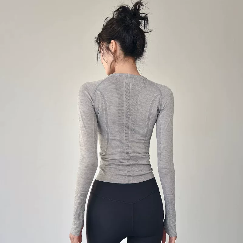 Áo thể thao dành cho nữ, phong cách thu đông, cổ tròn ôm sát, trang phục tập yoga nhanh khô, trang phục tập thể dục chạy bộ chuyên nghiệp, tay áo dài