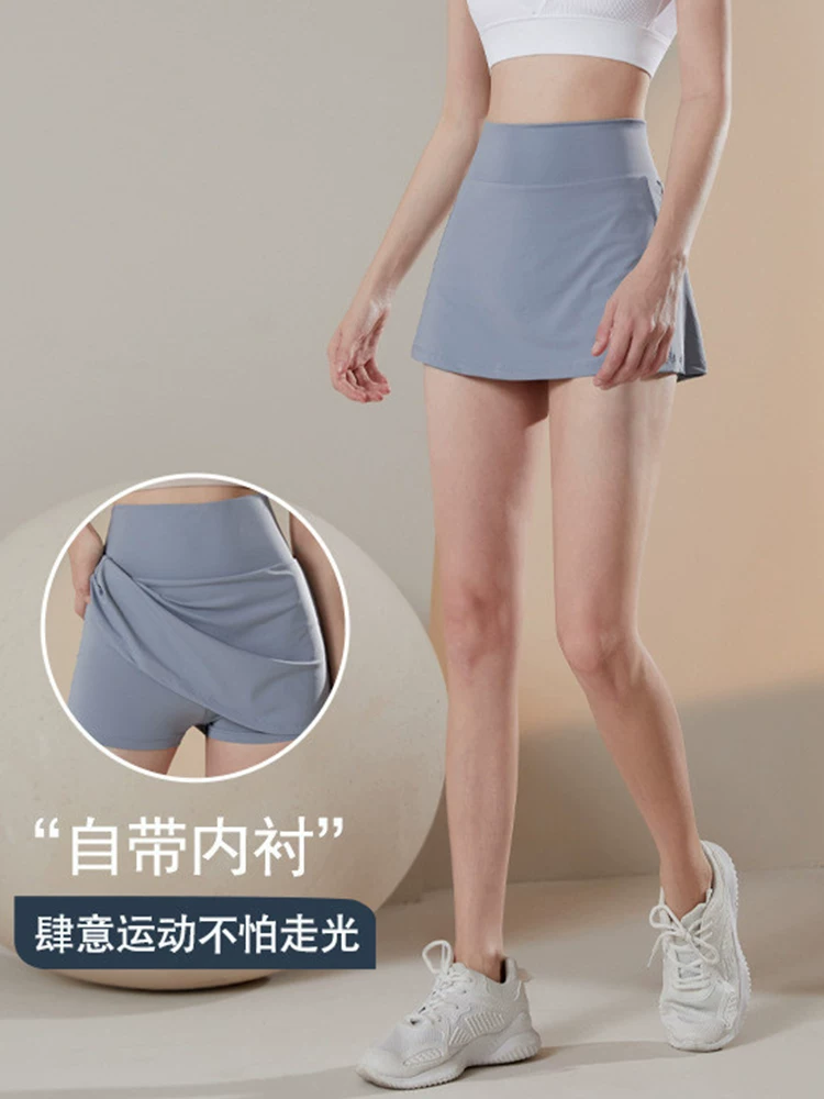 Quần short thể thao mùa hè dành cho nữ, kiểu dáng mới, chống lộ, hai trong một, cạp cao, giúp thon gọn, váy tennis tập yoga có túi.
