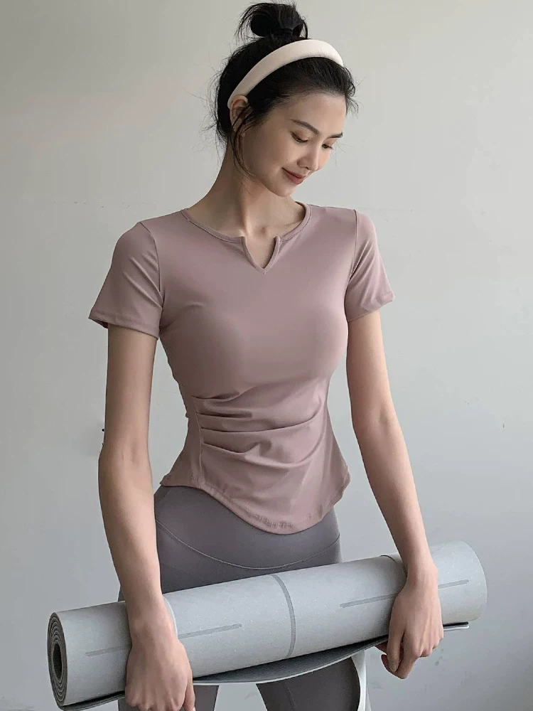 Áo tập yoga kiểu Lulu dành cho nữ, áo thể thao ôm sát, tôn dáng, tay ngắn, cổ chữ V, nhanh khô, thoáng khí, thích hợp cho chạy bộ và tập thể dục.