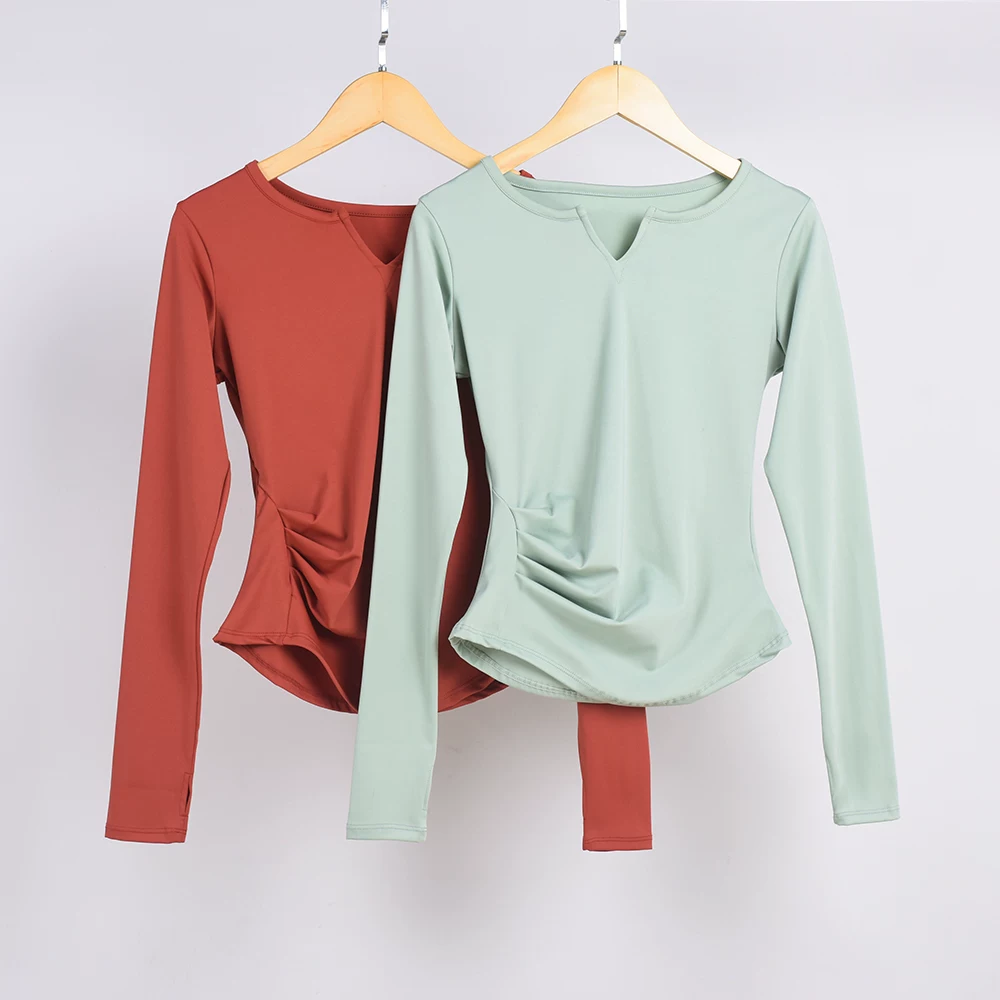 Áo tập yoga chính hãng của thương hiệu lớn dành cho nữ, áo thể thao cổ chữ V co giãn, nhanh khô, tập luyện, dài tay, bó sát, áo tập thể dục phong cách xuân hè