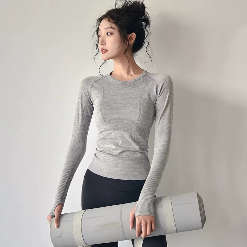 Áo thể thao dành cho nữ, phong cách thu đông, cổ tròn ôm sát, trang phục tập yoga nhanh khô, trang phục tập thể dục chạy bộ chuyên nghiệp, tay áo dài