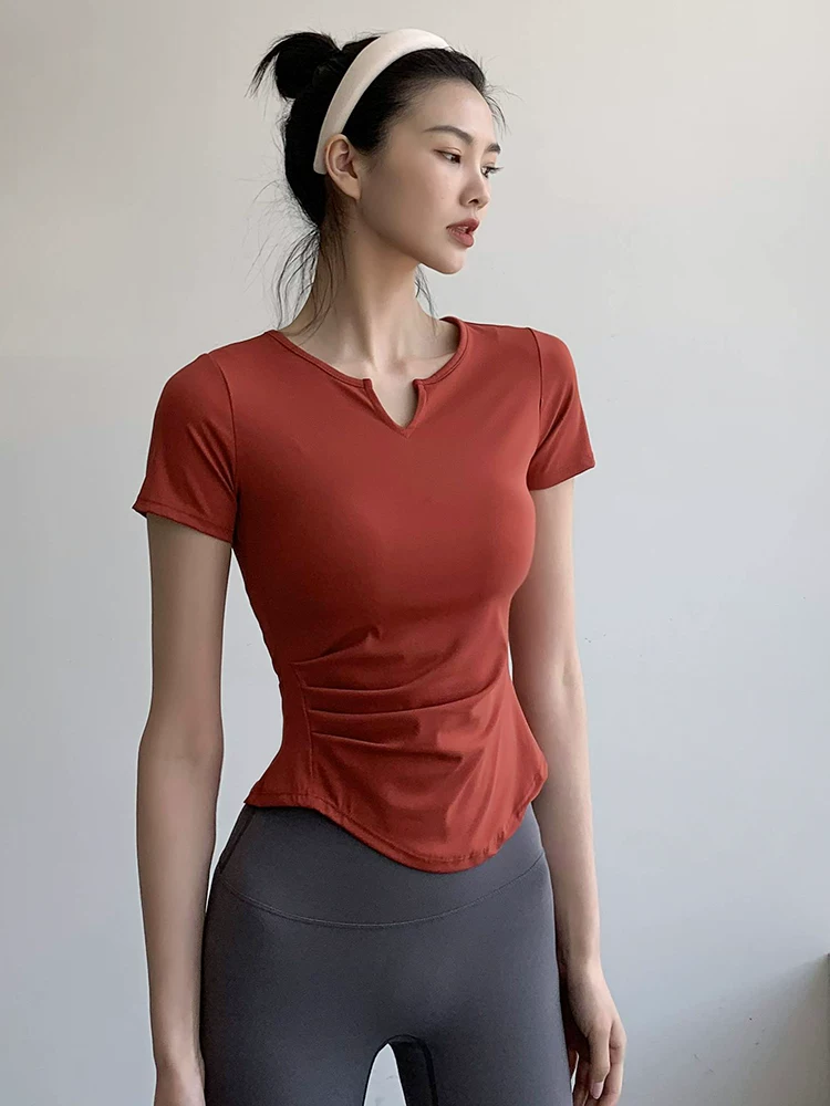 Áo tập yoga kiểu Lulu dành cho nữ, áo thể thao ôm sát, tôn dáng, tay ngắn, cổ chữ V, nhanh khô, thoáng khí, thích hợp cho chạy bộ và tập thể dục.