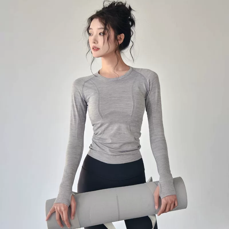 Áo thể thao dành cho nữ, phong cách thu đông, cổ tròn ôm sát, trang phục tập yoga nhanh khô, trang phục tập thể dục chạy bộ chuyên nghiệp, tay áo dài