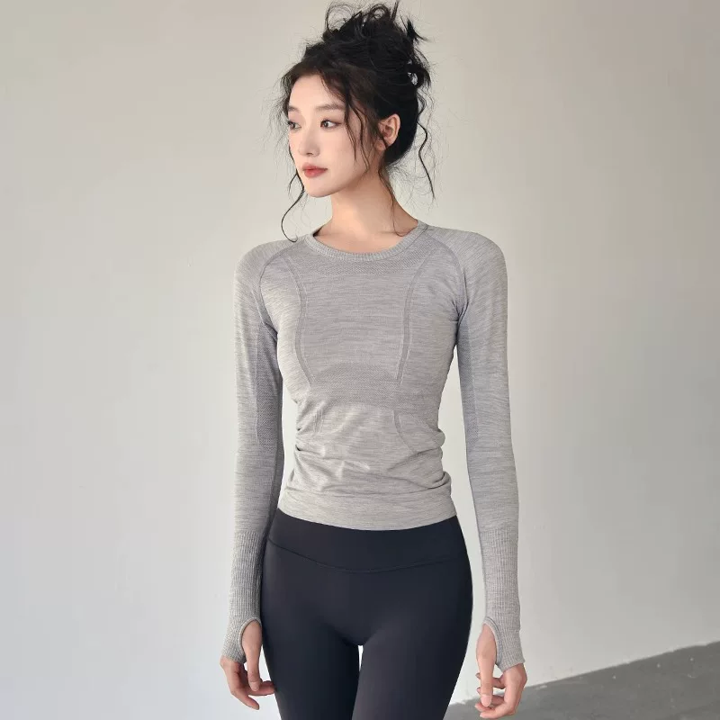 Áo thể thao dành cho nữ, phong cách thu đông, cổ tròn ôm sát, trang phục tập yoga nhanh khô, trang phục tập thể dục chạy bộ chuyên nghiệp, tay áo dài