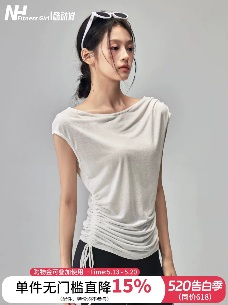Áo tập yoga mùa hè cho nữ tập thể dục, tay ngắn, nhanh khô, có dây rút, áo khoác thể thao dáng rộng, giảm béo, tập chạy bộ, mỏng