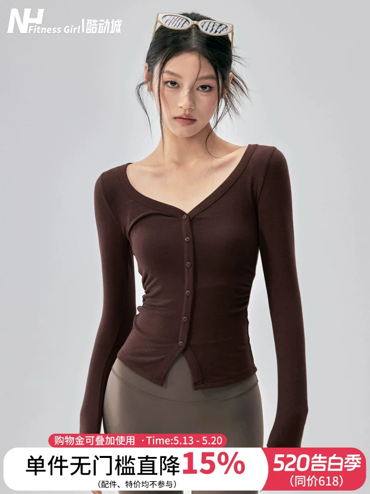 Trang phục tập yoga xinh xắn của cô gái tập thể hình áo cardigan dài tay cổ chữ V thắt eo có nút tập Pilates áo thể thao mùa thu đông