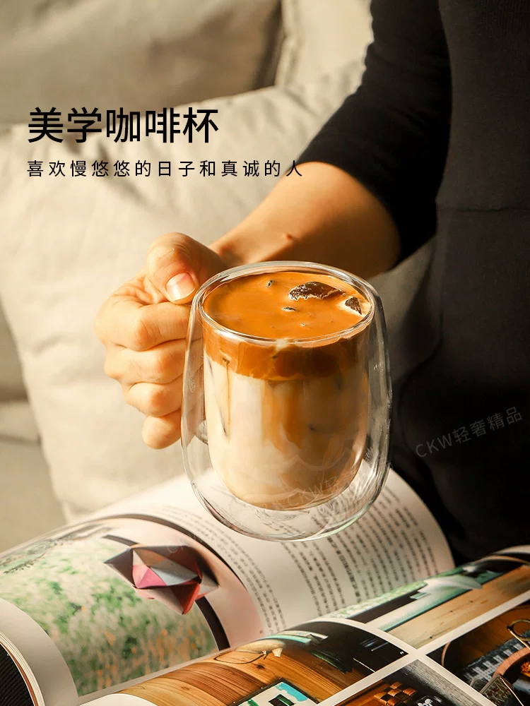 Cốc nước hai lớp CKW, cốc ăn sáng gia đình, cốc sữa chịu nhiệt và chống bỏng, cốc cà phê thủy tinh cao cấp có tay cầm