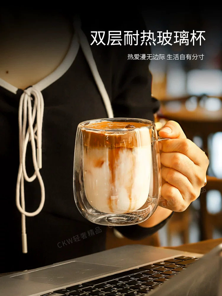 Cốc nước hai lớp CKW, cốc ăn sáng gia đình, cốc sữa chịu nhiệt và chống bỏng, cốc cà phê thủy tinh cao cấp có tay cầm