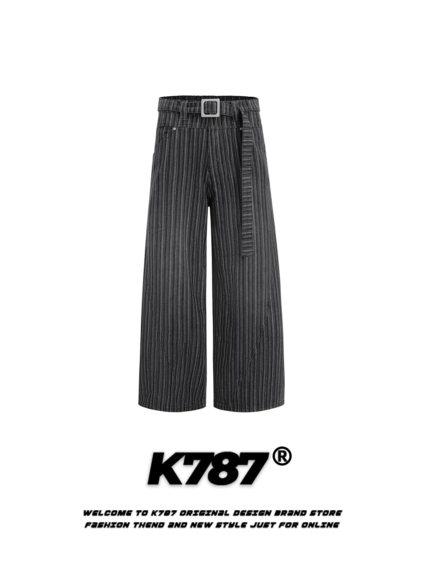 Quần âu unisex K787 kiểu Mỹ cổ điển, sọc dọc, dáng rộng, cạp cao, phong cách tiền cổ, thời thượng, ống rộng, thẳng.