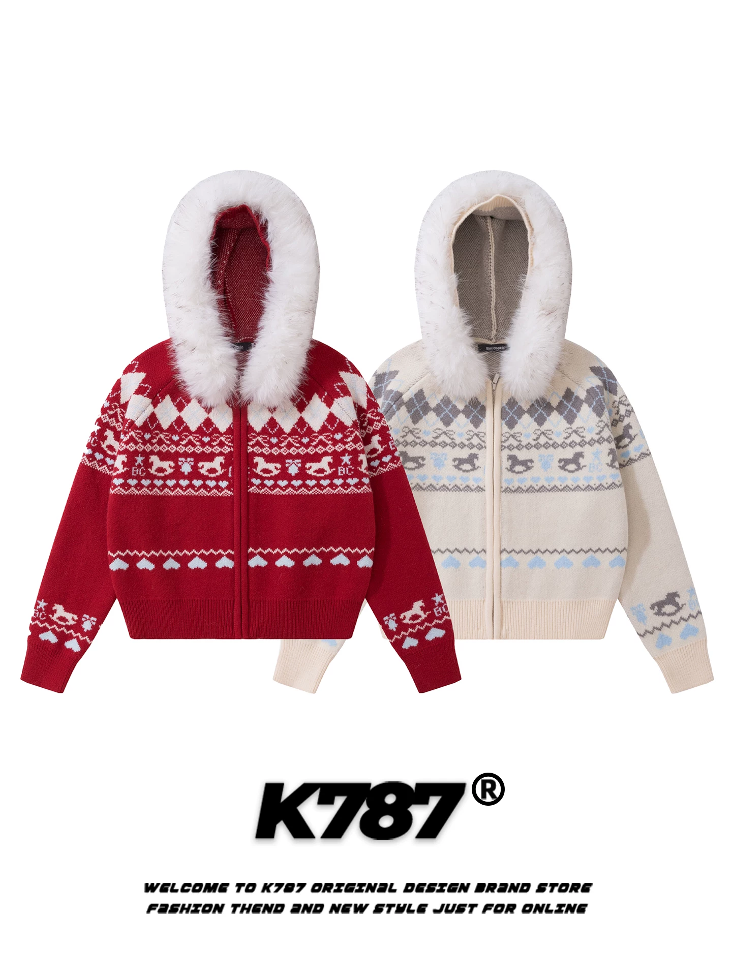 Áo len dệt kim có mũ trùm đầu cổ lông kiểu Fair Isle, phong cách thường ngày Mỹ, dành cho nữ, màu đỏ Giáng sinh, kiểu dáng trẻ trung, áo khoác len ngắn K787