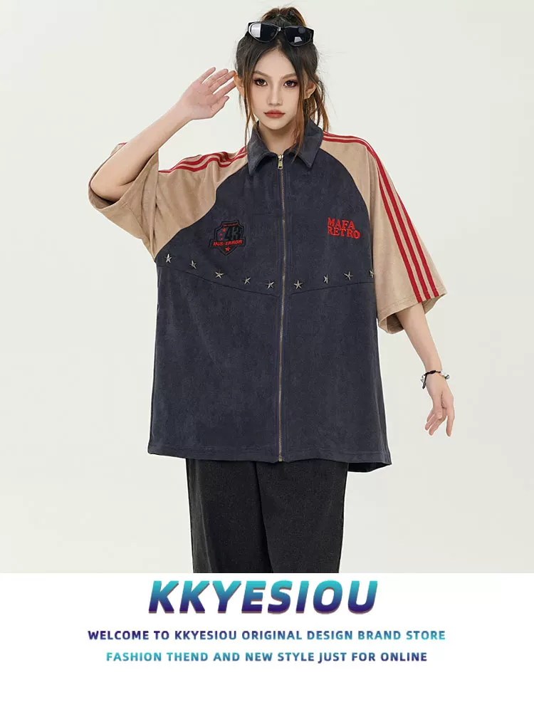 Áo sơ mi ngắn tay kiểu dáng thương hiệu KKyesiou thời thượng, tay raglan ba sọc, unisex, phong cách hip-hop, kiểu học sinh, có khóa kéo