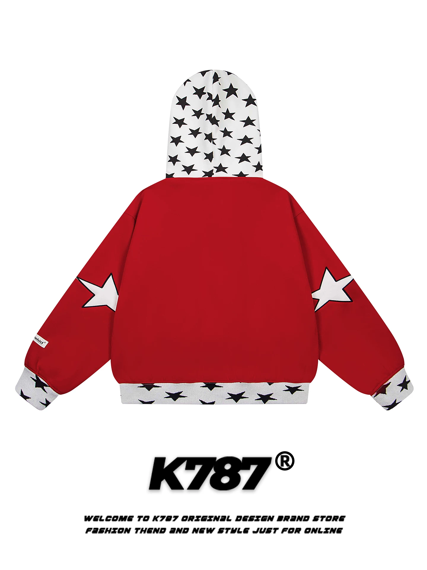 Áo hoodie thêu hình mèo retro Mỹ K787, kiểu dáng unisex, rộng rãi, màu đỏ, áo khoác đôi có khóa kéo