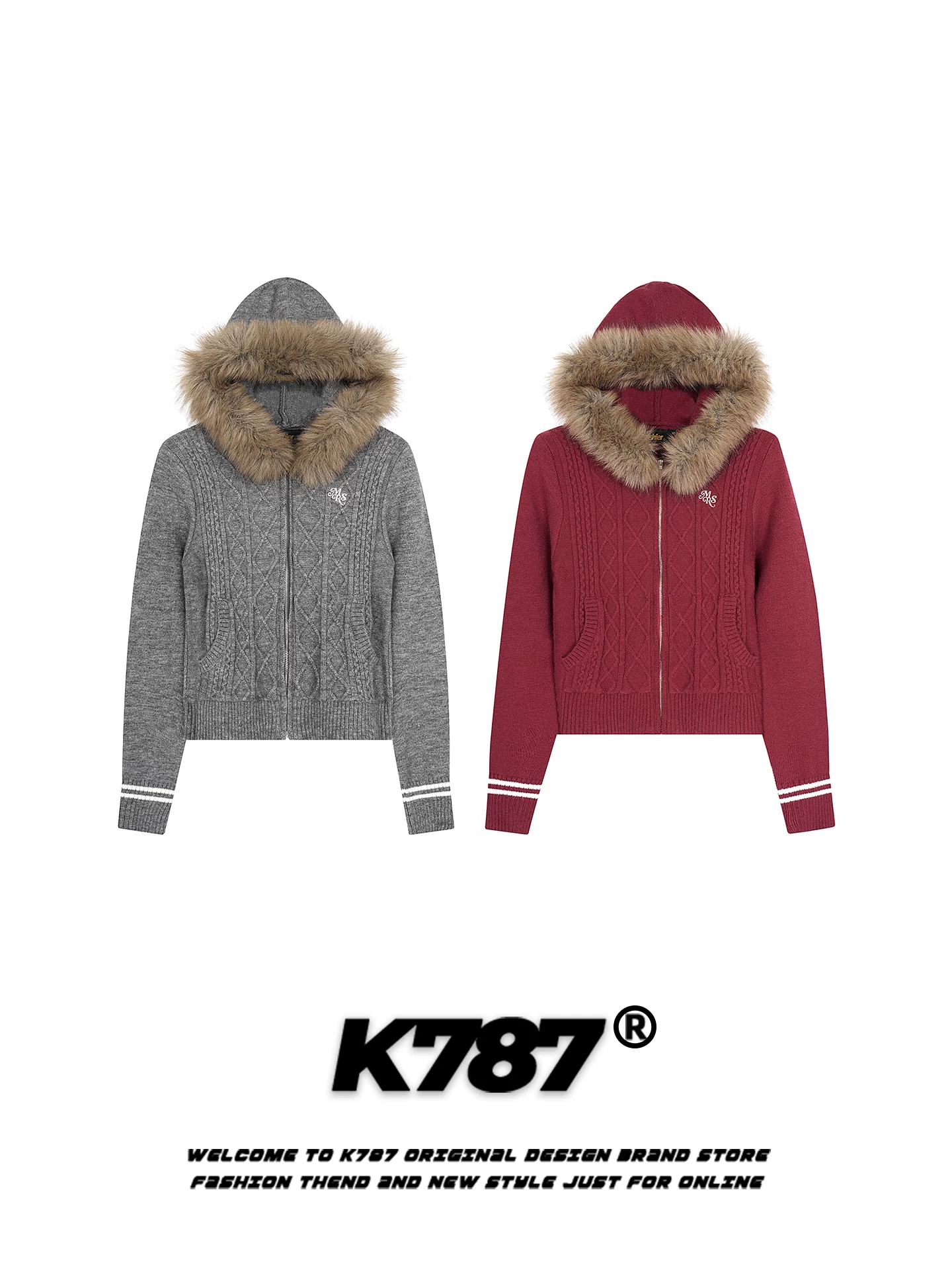 K787 Áo len có mũ trùm đầu có cổ lông lớn kiểu cổ điển của Mỹ dành cho nữ, dáng ôm vừa vặn, phong cách lười biếng, áo len có khóa kéo ấm áp