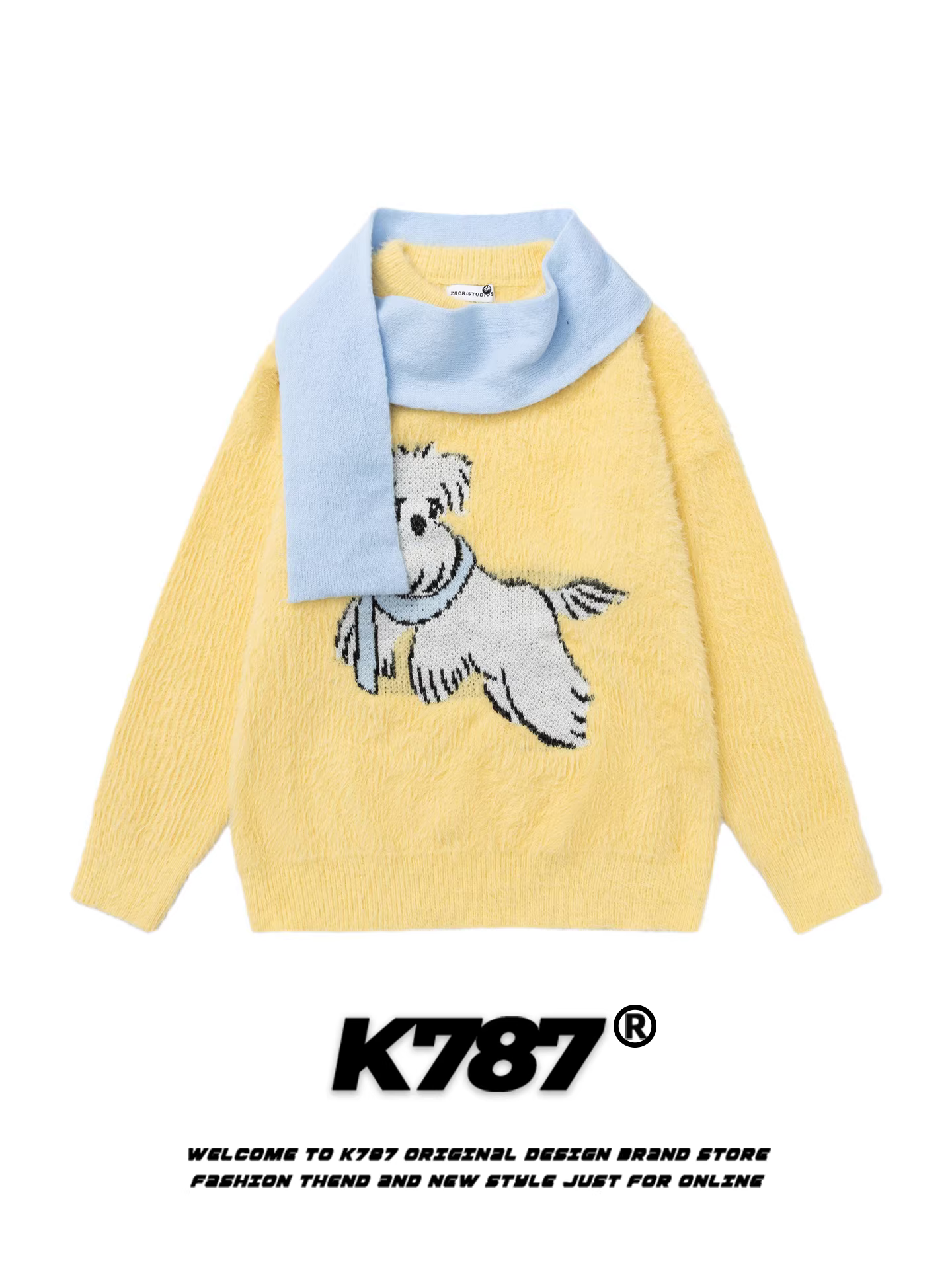 Áo len cổ tròn kiểu dáng retro Mỹ K787 dành cho nam và nữ, họa tiết chó dễ thương, kiểu dáng rộng rãi, áo len cặp đôi