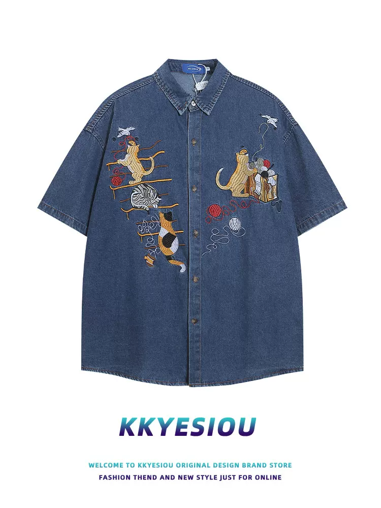 Áo sơ mi ngắn tay thêu hình mèo phong cách thời trang Trung Quốc KKyesiou, unisex, cổ điển, cặp đôi, phong cách y2k, chất liệu denim