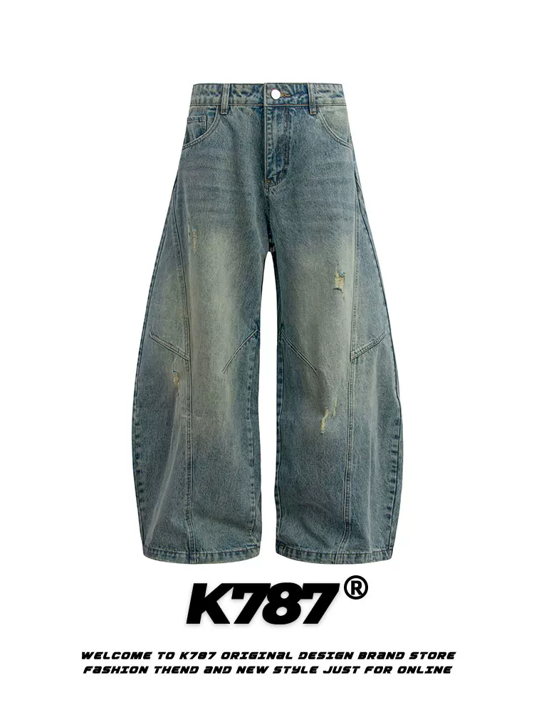Quần jeans dáng thẳng lưng cao unisex K787 kiểu Mỹ cổ điển, xước rách, phai màu, dáng rộng, phong cách thường ngày