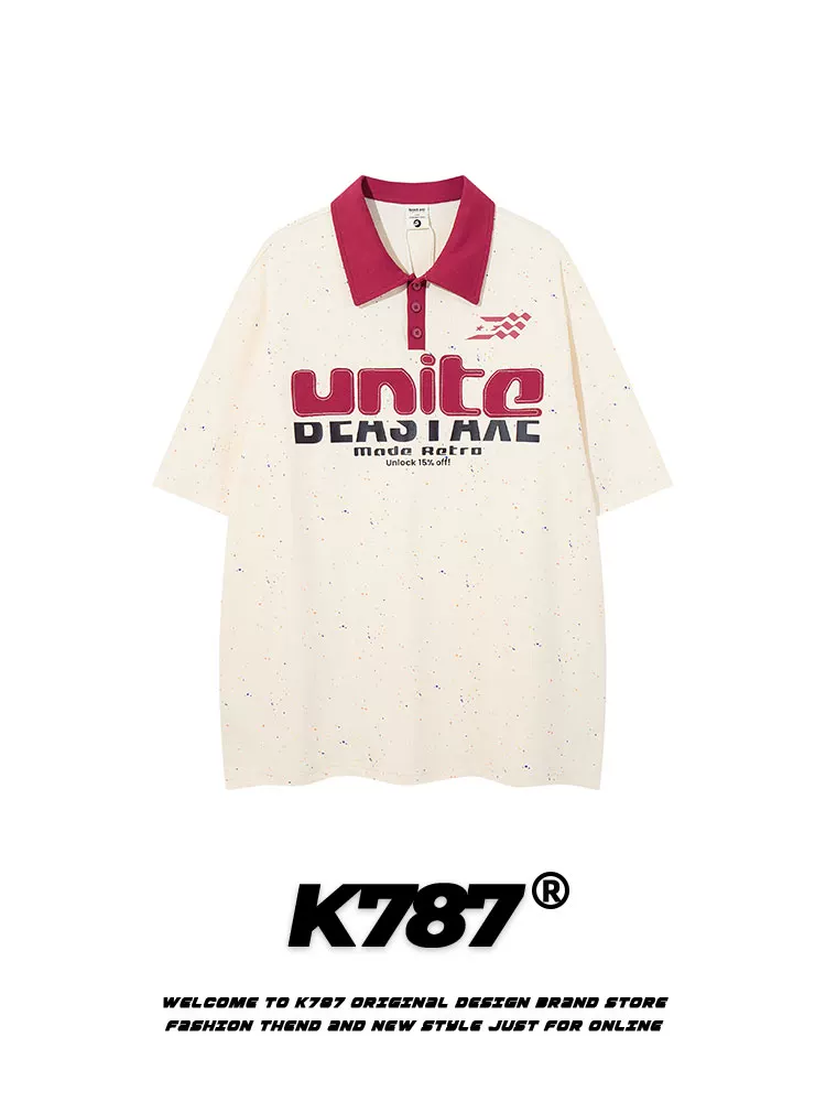 K787 Áo thun ngắn tay thêu bầu trời đầy sao theo phong cách retro của Mỹ unisex đa năng áo sơ mi polo màu sắc thông thường