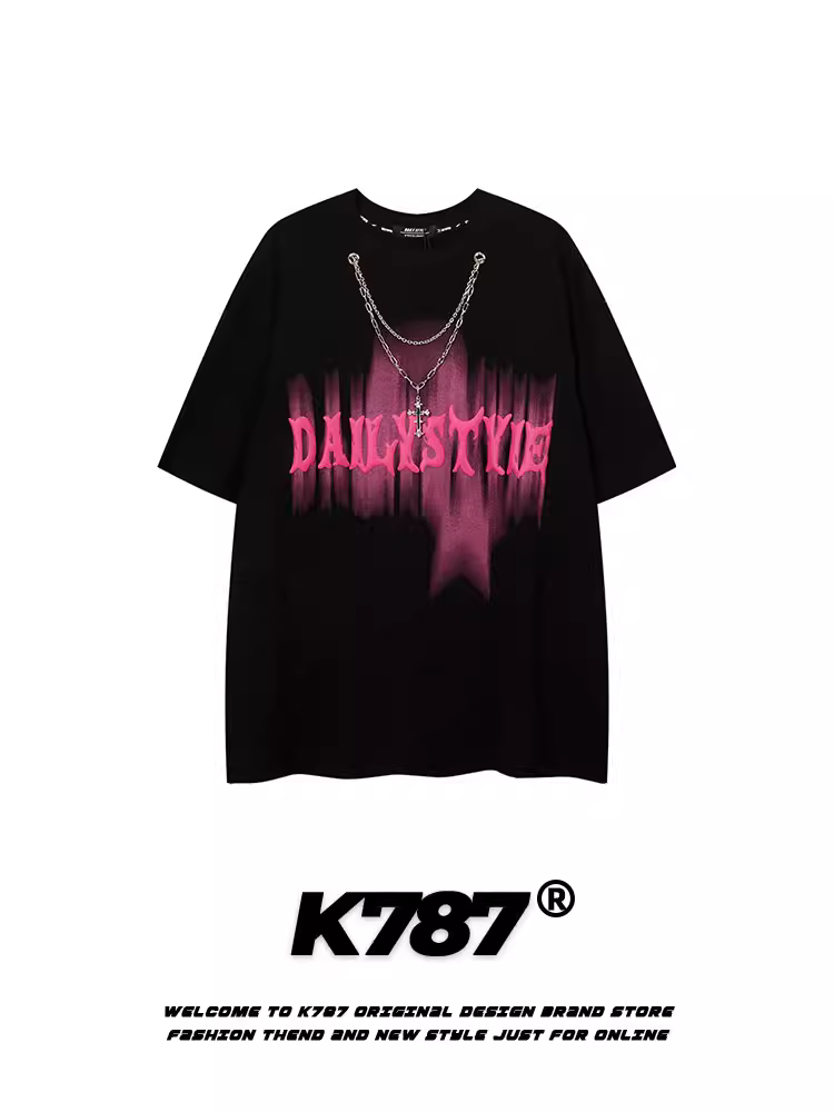 Áo thun ngắn tay phong cách hip-hop phối họa tiết cổ điển Mỹ K787 dành cho nam và nữ, có chữ nổi bằng xốp, kiểu dáng đường phố, áo thun cặp rộng rãi