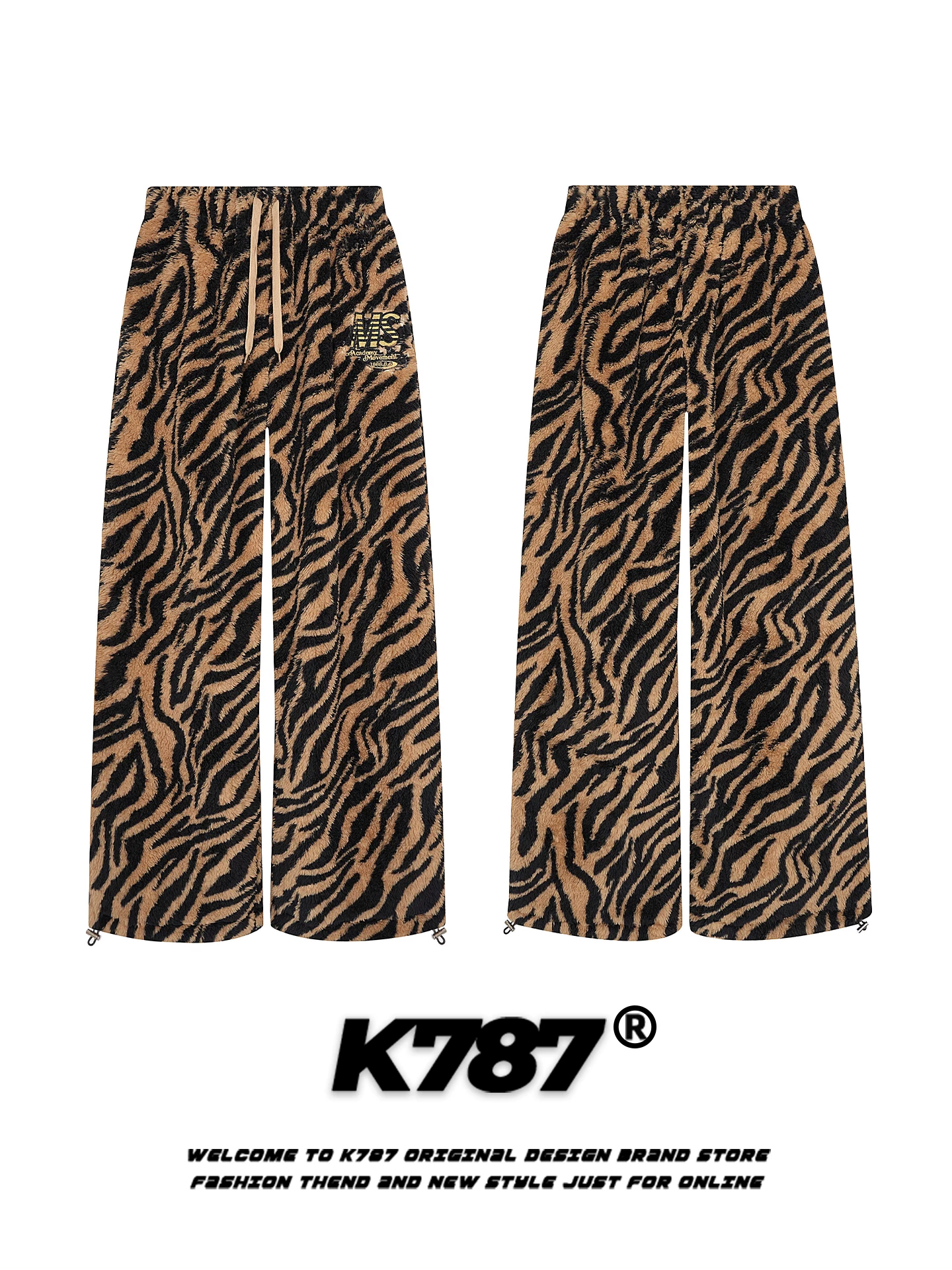 K787 Quần cotton có dây rút in họa tiết hổ cổ điển kiểu Mỹ dành cho nam và nữ, quần ống rộng dài đến sàn ấm áp, ống rộng, kiểu dáng đơn giản