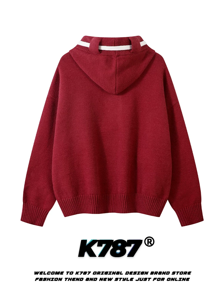 Áo hoodie len dệt kim màu đỏ phong cách retro Mỹ K787 dành cho nam và nữ với thiết kế đầy cá tính