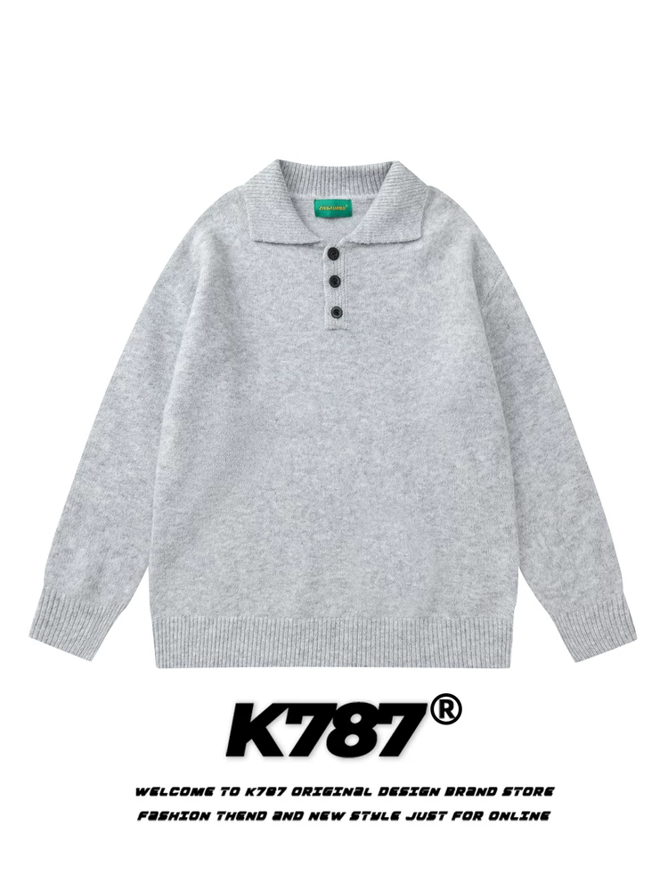 Áo len dệt kim cổ trụ màu trơn phong cách đường phố Mỹ K787, unisex, đa năng, dáng rộng, kiểu áo polo thời trang