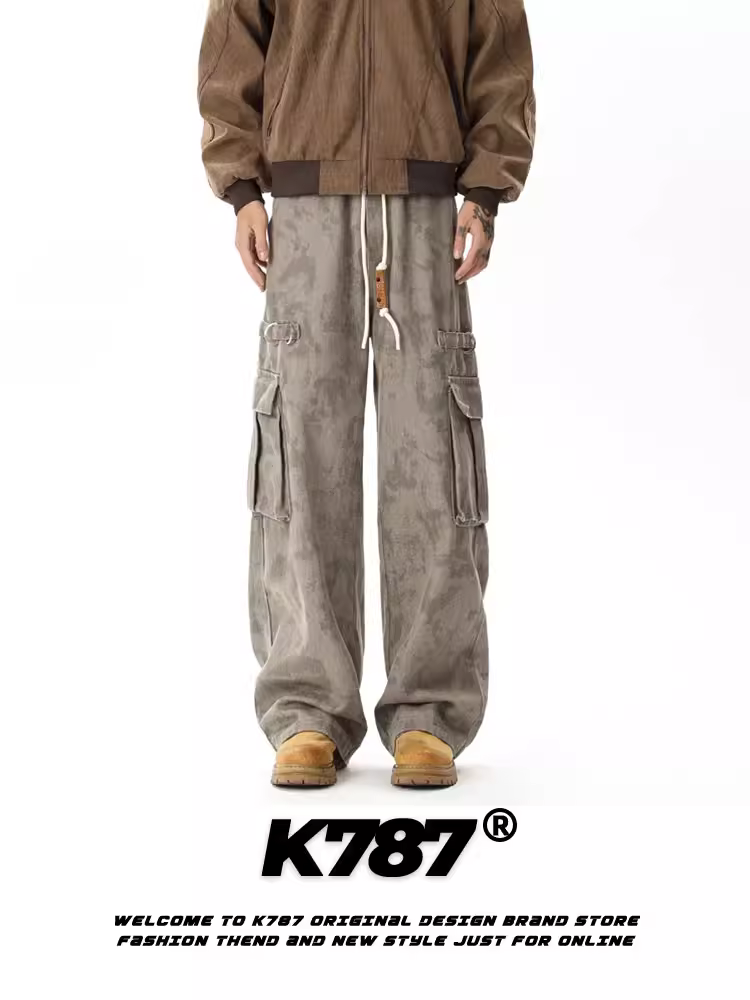 Quần cargo kaki kiểu Mỹ cổ điển K787 nhiều túi, dây rút, họa tiết rằn ri dành cho nam, dáng rộng, phong cách đường phố, cạp cao, ống thẳng, quần thể thao